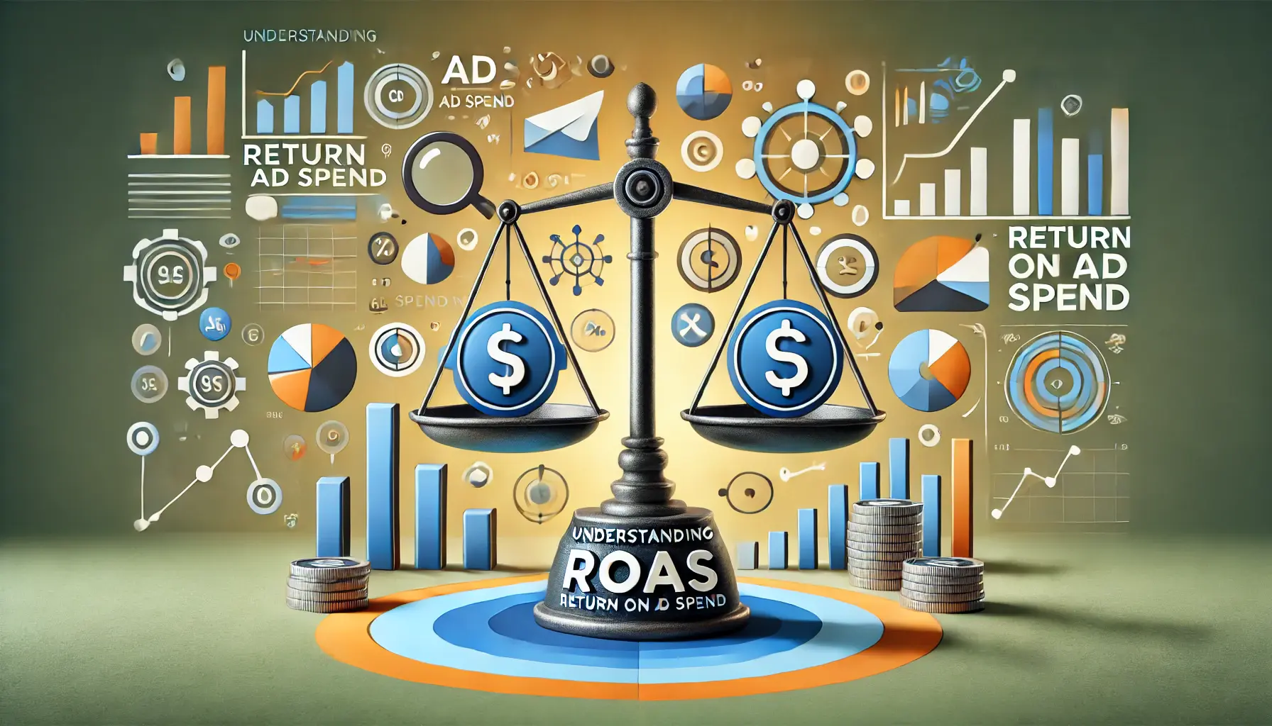 Balance scale with icons of ad spending and revenue growth, surrounded by graphs and analytics tools, representing ROAS.