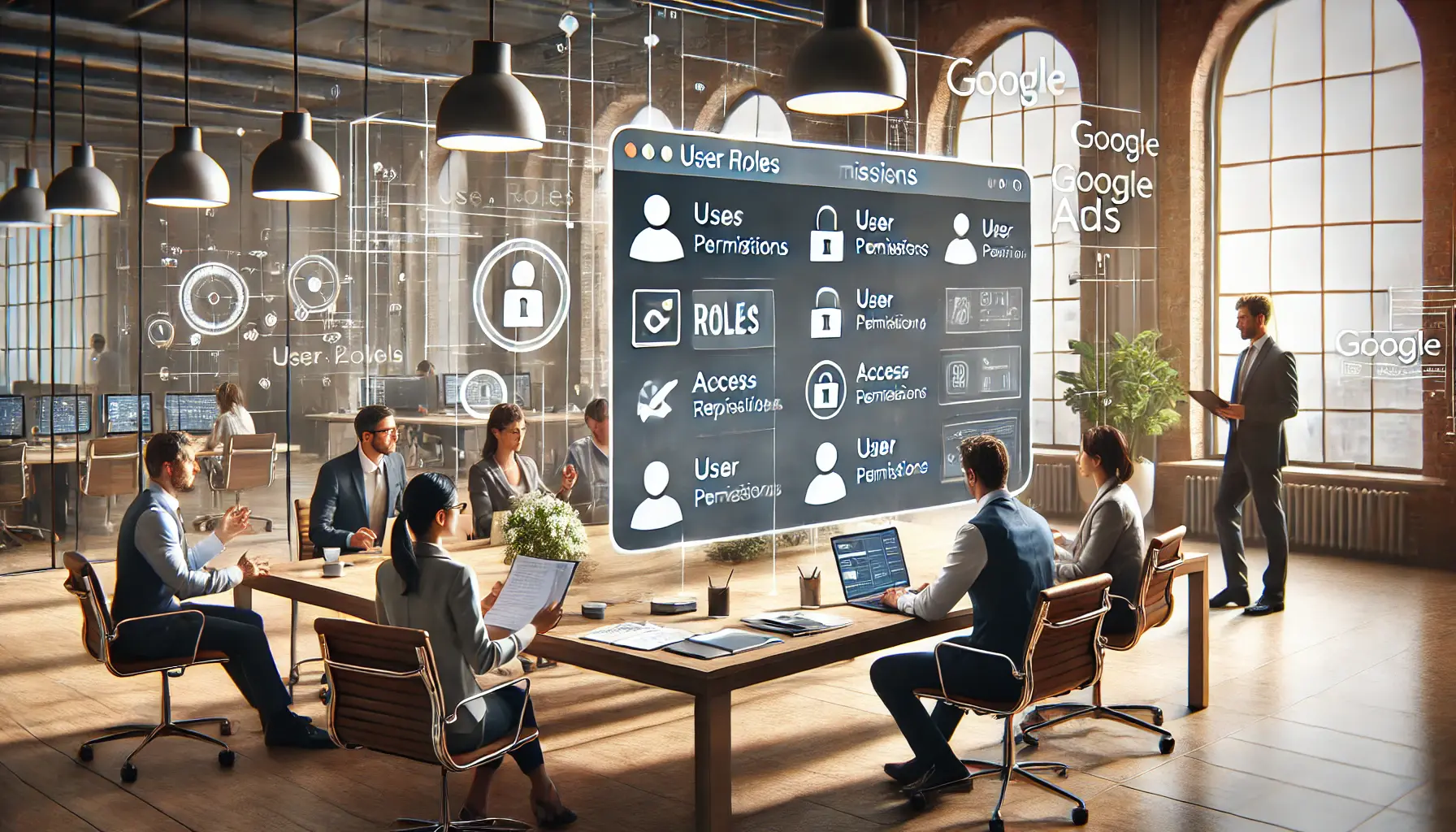 A team in an office reviewing user roles and access levels on a laptop, symbolizing the management of roles and permissions in Google Ads.