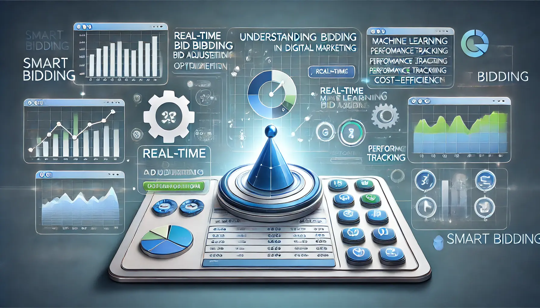 Digital platform displaying smart bidding settings with real-time bid adjustments and optimization graphs, symbolizing machine learning and cost-efficiency.