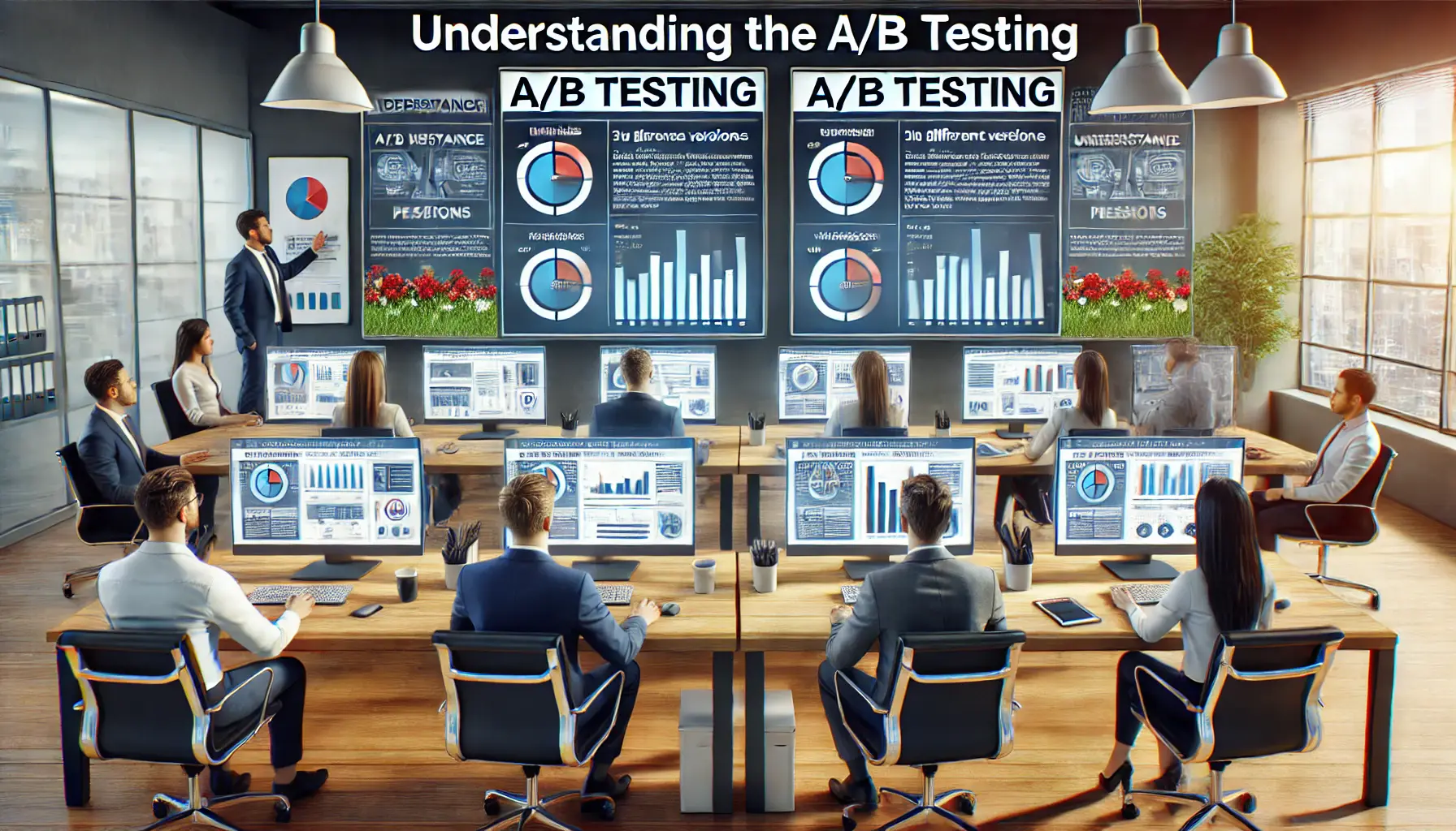 A digital marketing team analyzing two versions of an ad or webpage on multiple computer screens, comparing performance data in a modern office setting.