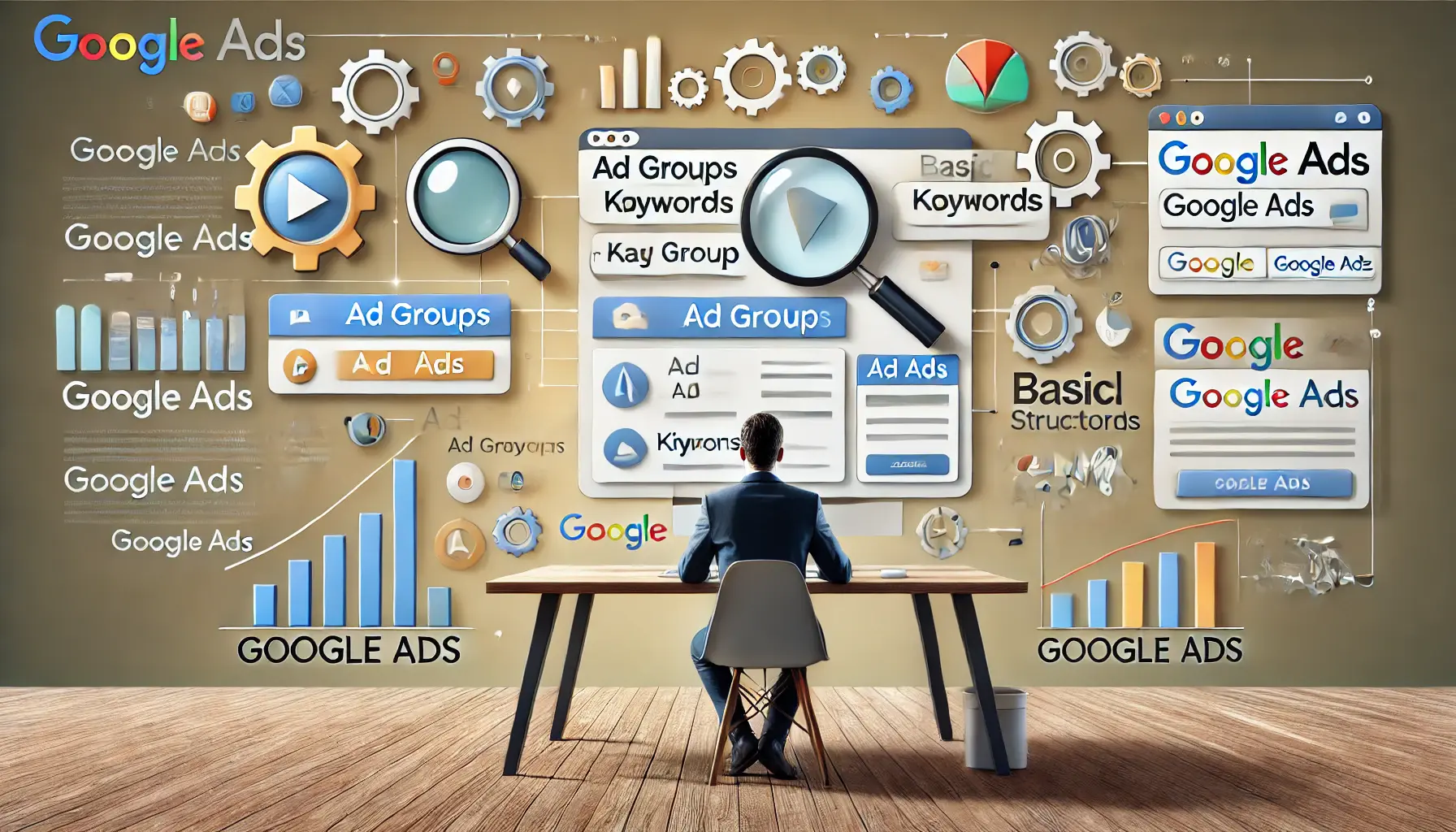 A digital marketer reviewing a dashboard with key Google Ads elements like ad groups, keywords, and basic ad structures.