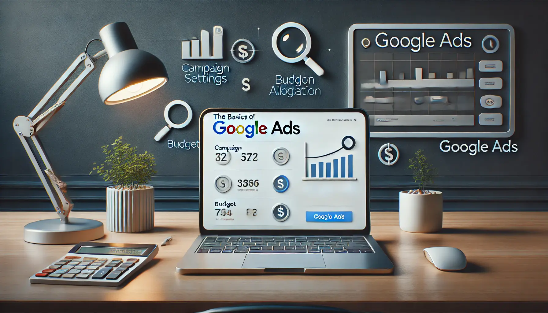 A digital workspace with a laptop displaying a simple Google Ads dashboard with campaign settings, budget allocation, and keyword targeting.