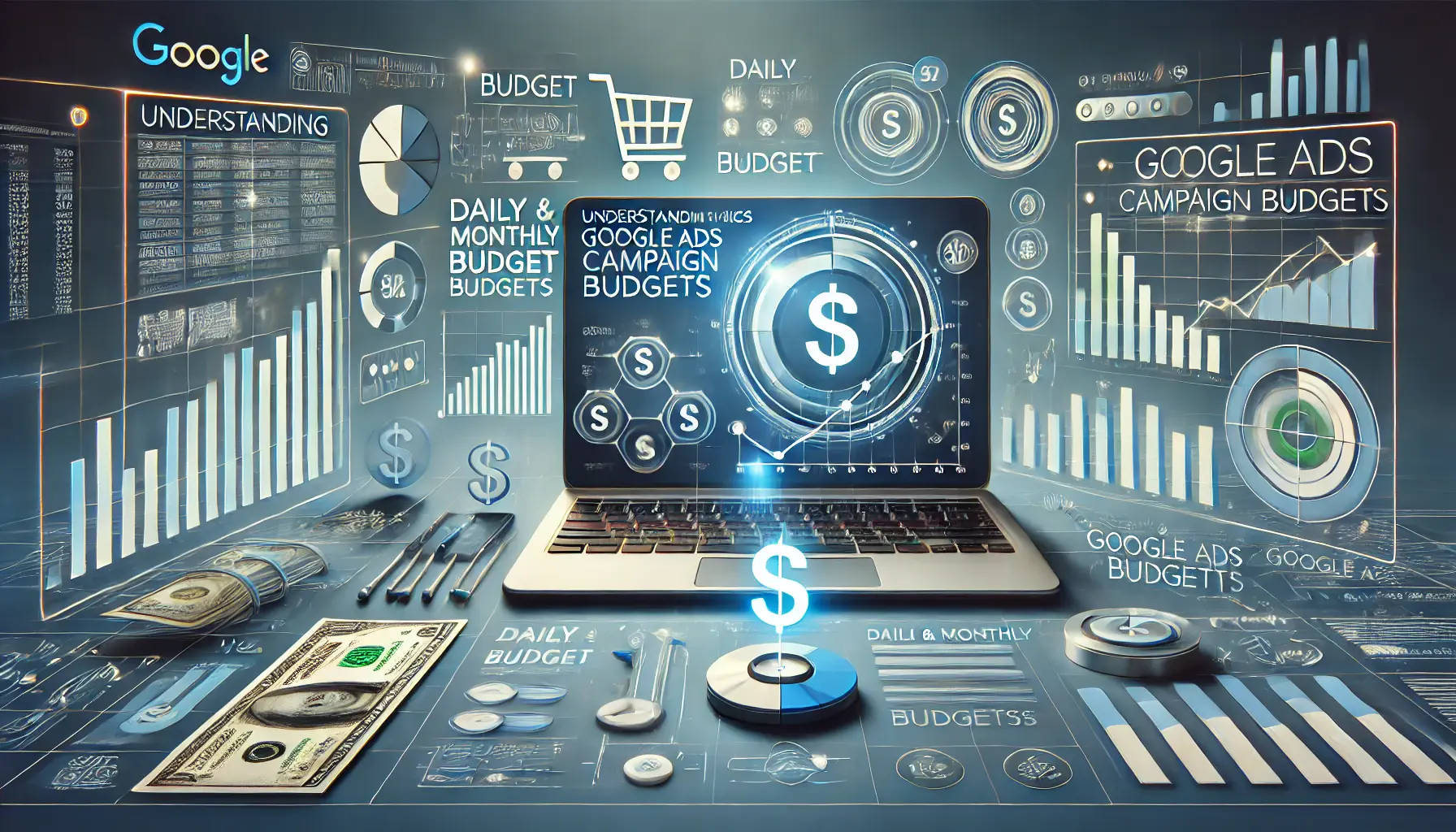 Digital workspace with budget allocation charts, daily and monthly budget settings for Google Ads campaigns.