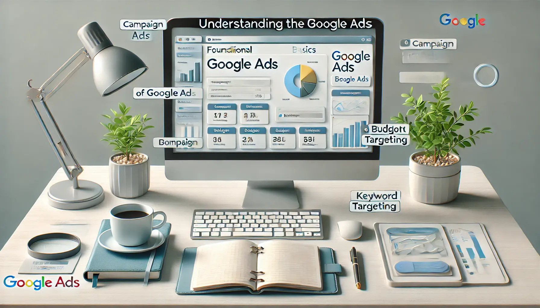 A modern workspace with a computer screen displaying the foundational Google Ads interface, including campaign setup, budget allocation, and keyword targeting.