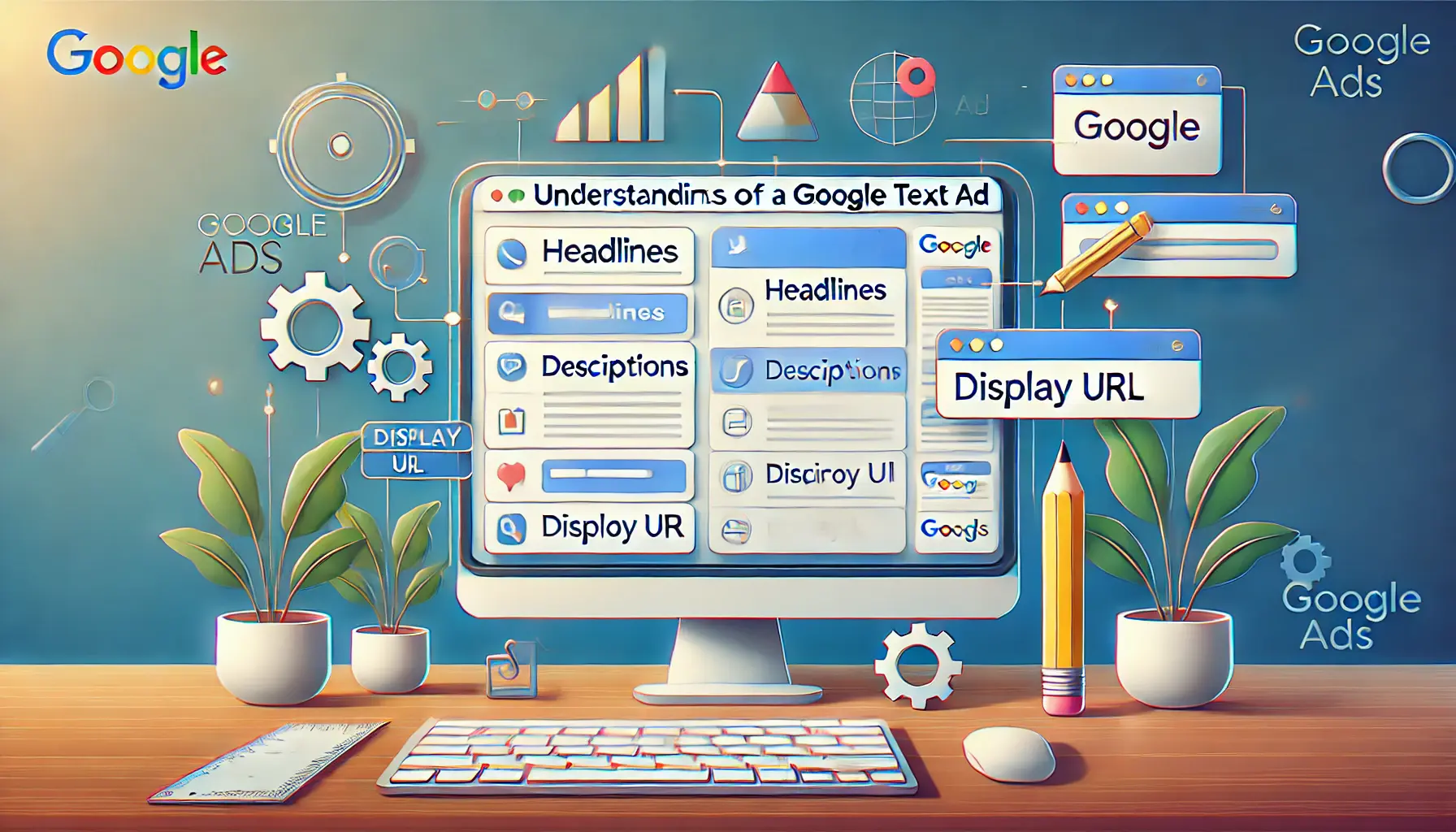 A desktop displaying a Google Ads campaign interface with highlighted components like headlines, descriptions, and display URL, surrounded by icons like a pencil, ruler, and gears in a professional workspace.