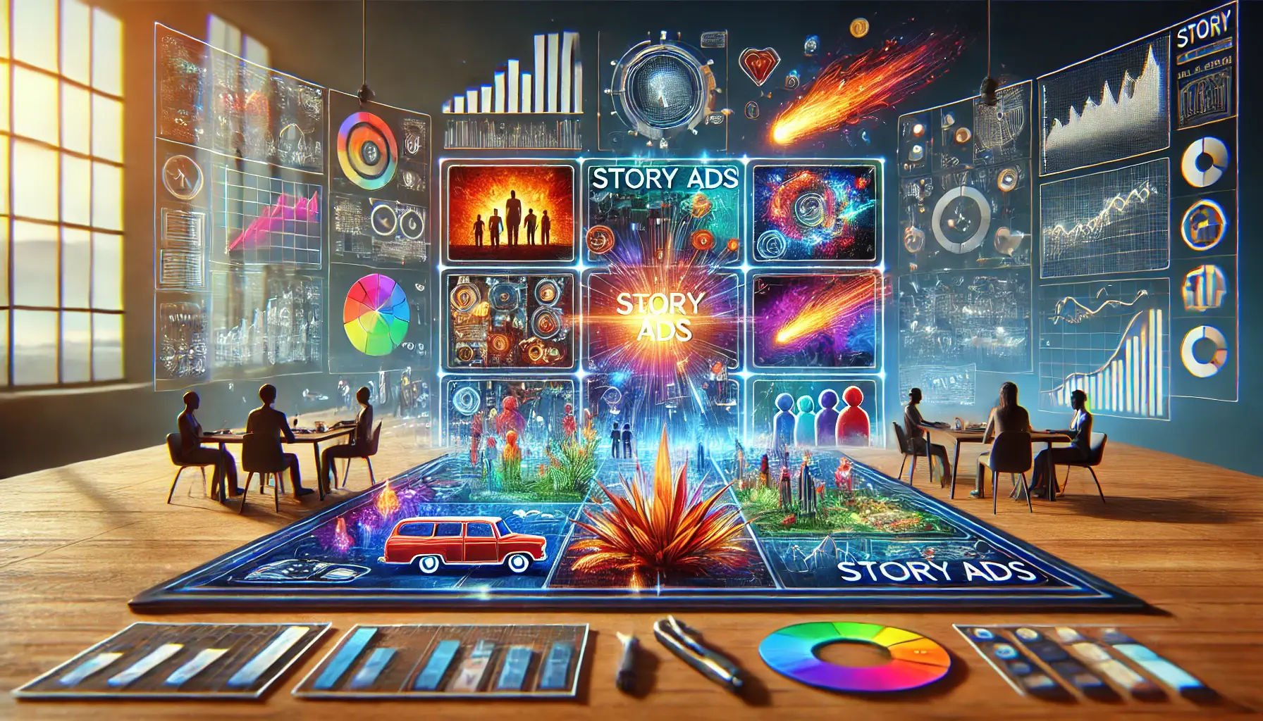 A futuristic digital storyboard showcasing vibrant frames representing storytelling in advertising, surrounded by creative and analytical elements.