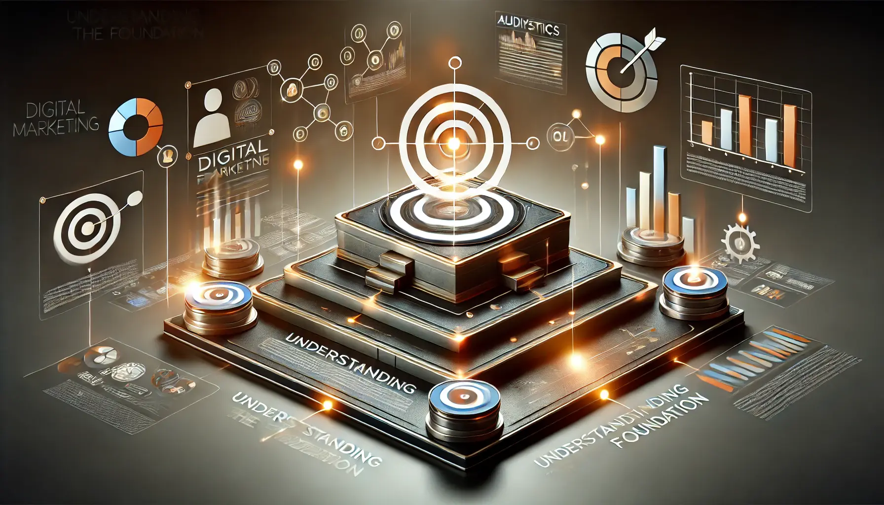 A conceptual depiction of a strong foundation in digital marketing with interconnected elements like a target icon, analytics graphs, and audience segmentation on a structured platform.