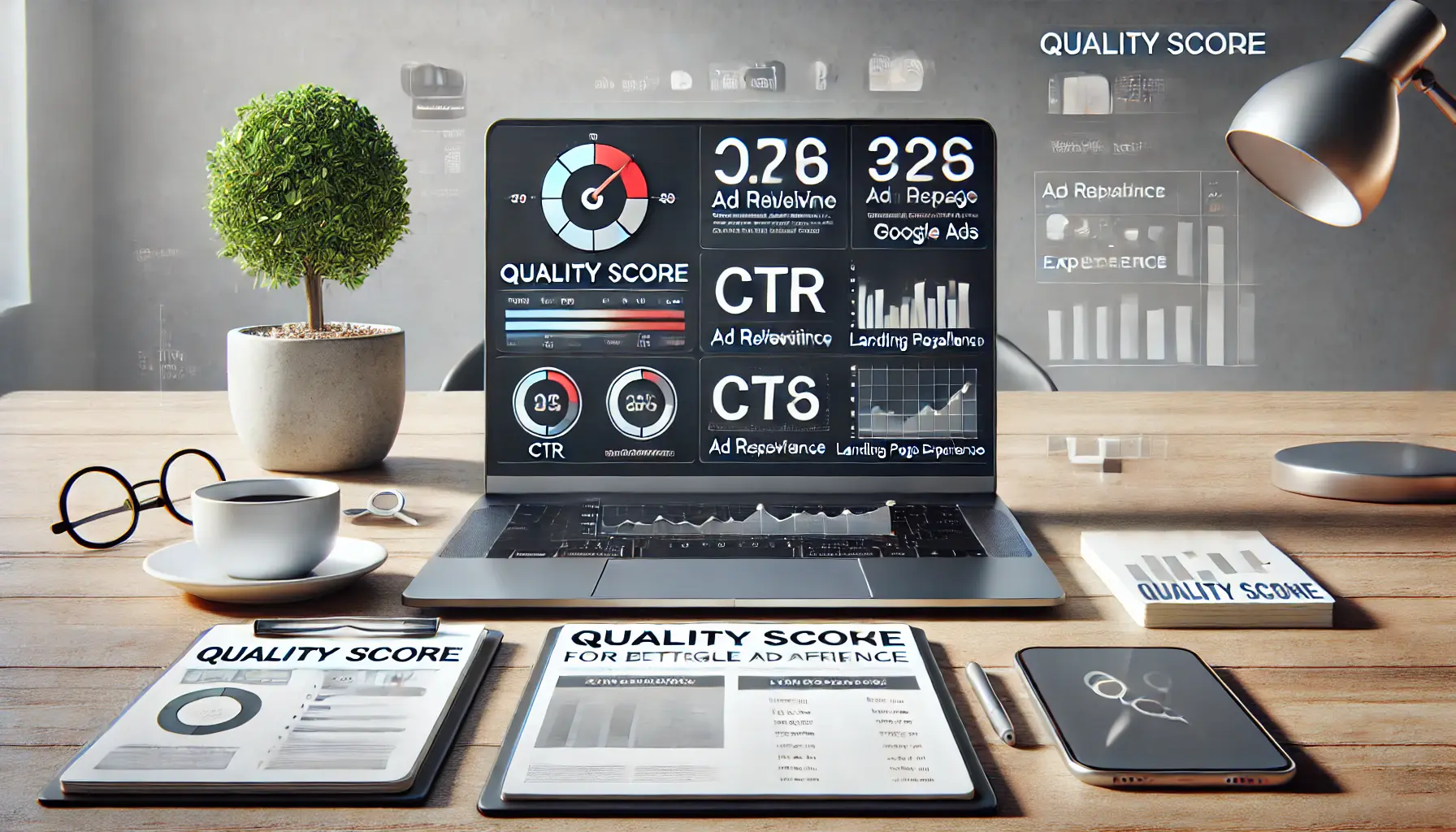 A digital marketing workspace with a laptop displaying key performance metrics related to Quality Score factors.