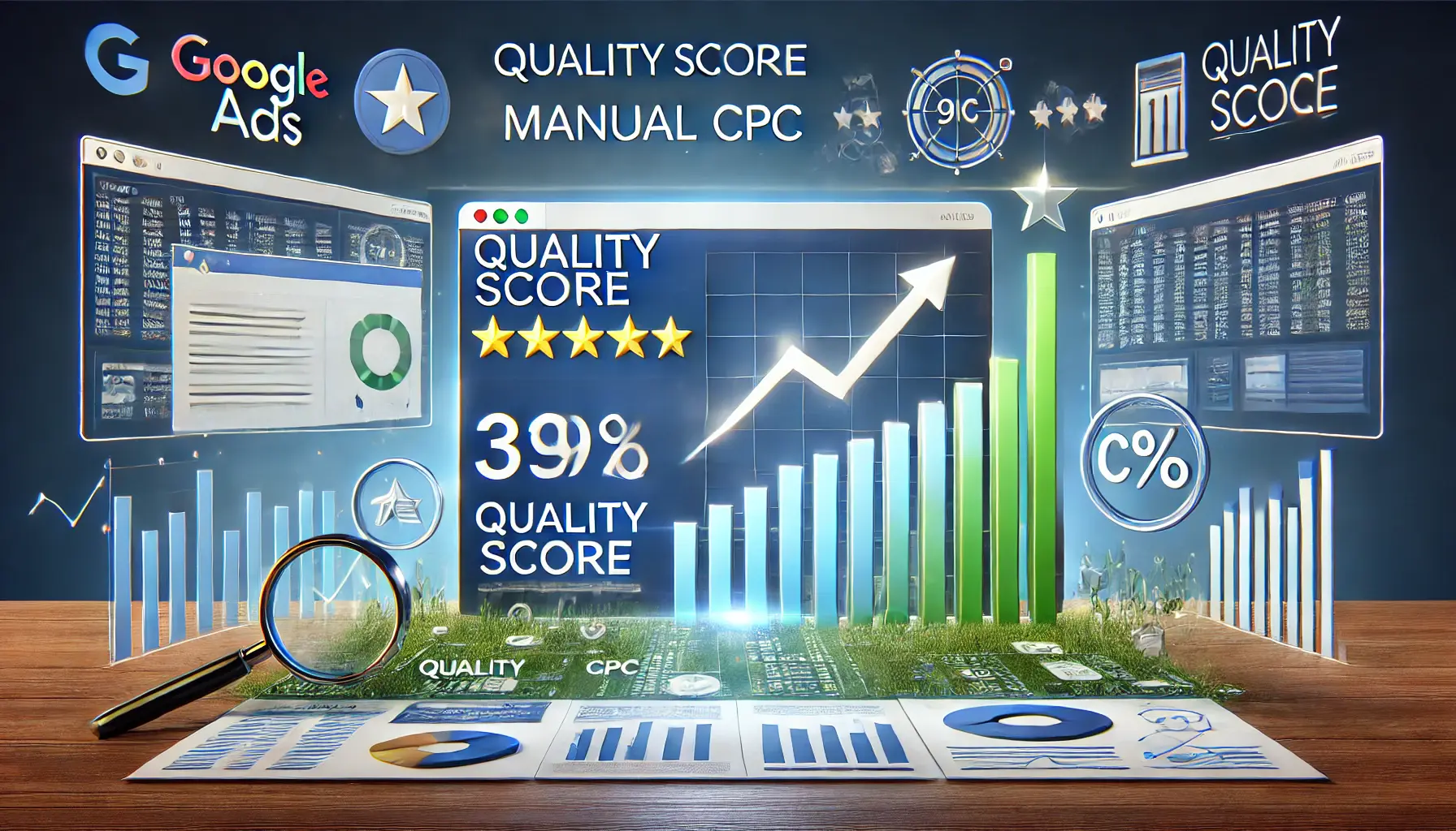 A digital screen displaying a Quality Score chart and CPC metrics with arrows showing their relationship, surrounded by analytics tools and performance graphs.