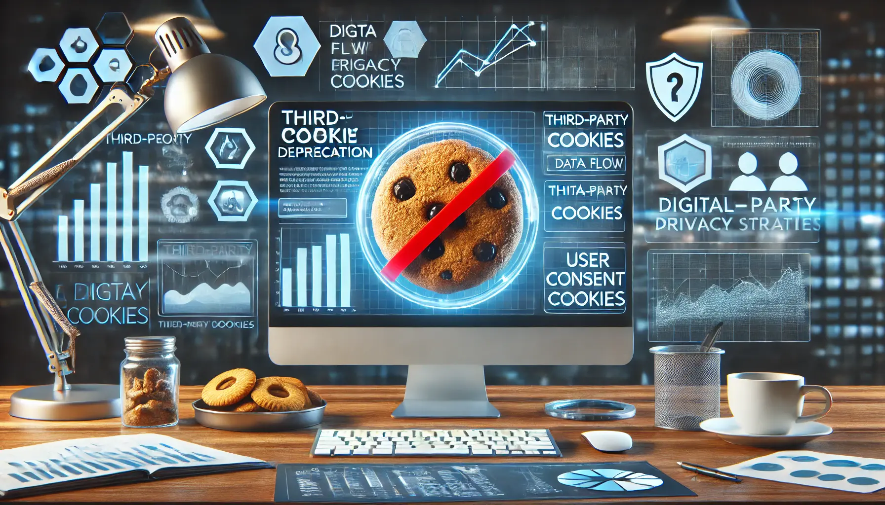 A digital marketing workspace with a red cross over a cookie icon, illustrating the impact of third-party cookie deprecation.