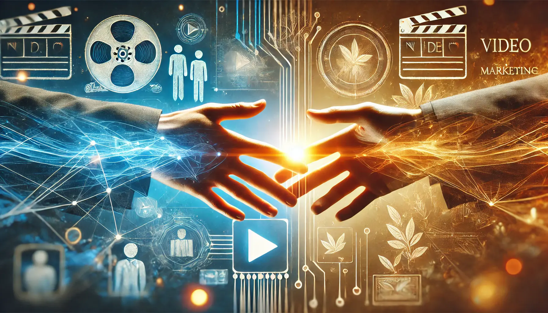 Artistic representation of collaboration in video marketing with two hands joining in a glowing connection, surrounded by soft visuals of video elements.