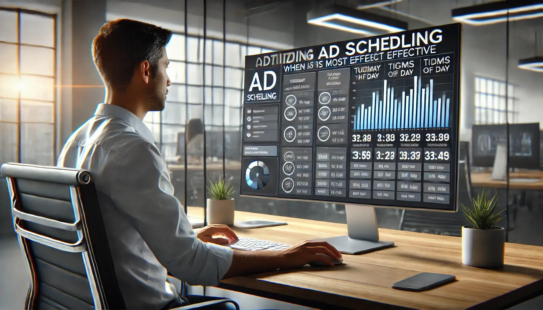 A digital marketer reviewing ad scheduling data on a computer screen in a modern office, with graphs showing the effectiveness of ad timing.