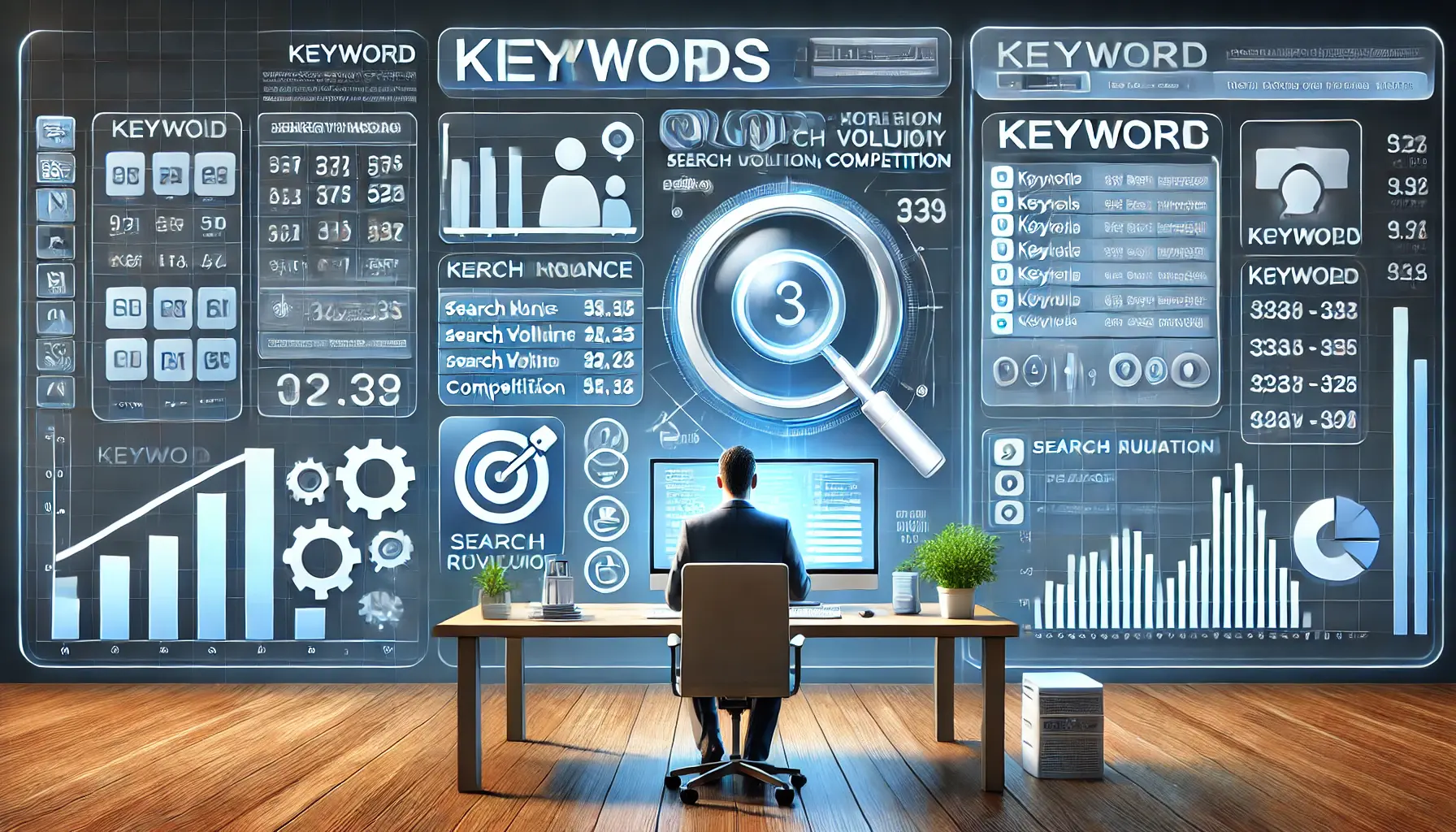 A marketer analyzing a digital dashboard displaying keyword performance, search volume, and competition metrics.