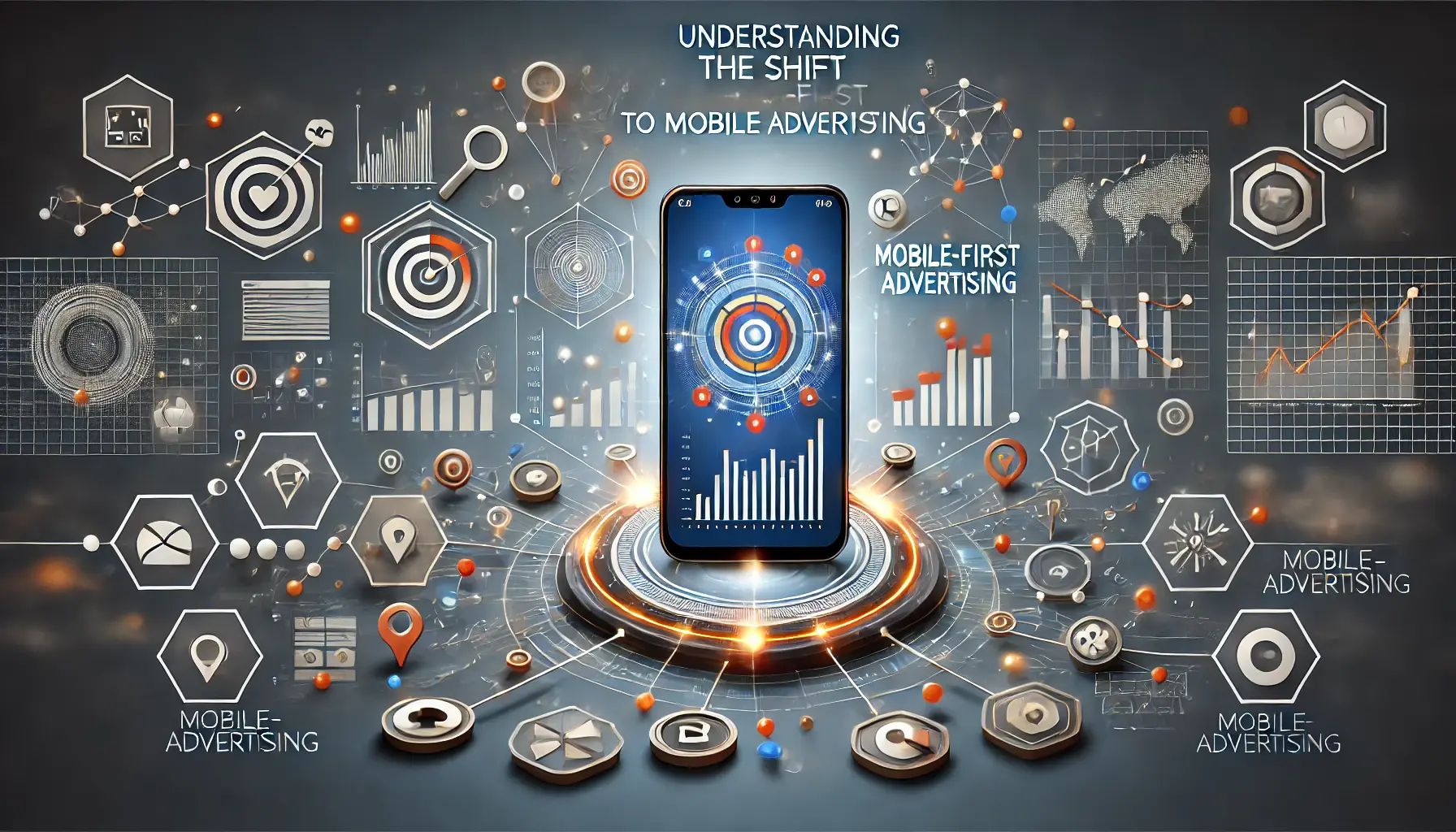 A smartphone showcasing a dynamic advertising dashboard surrounded by icons symbolizing mobile engagement and connectivity.