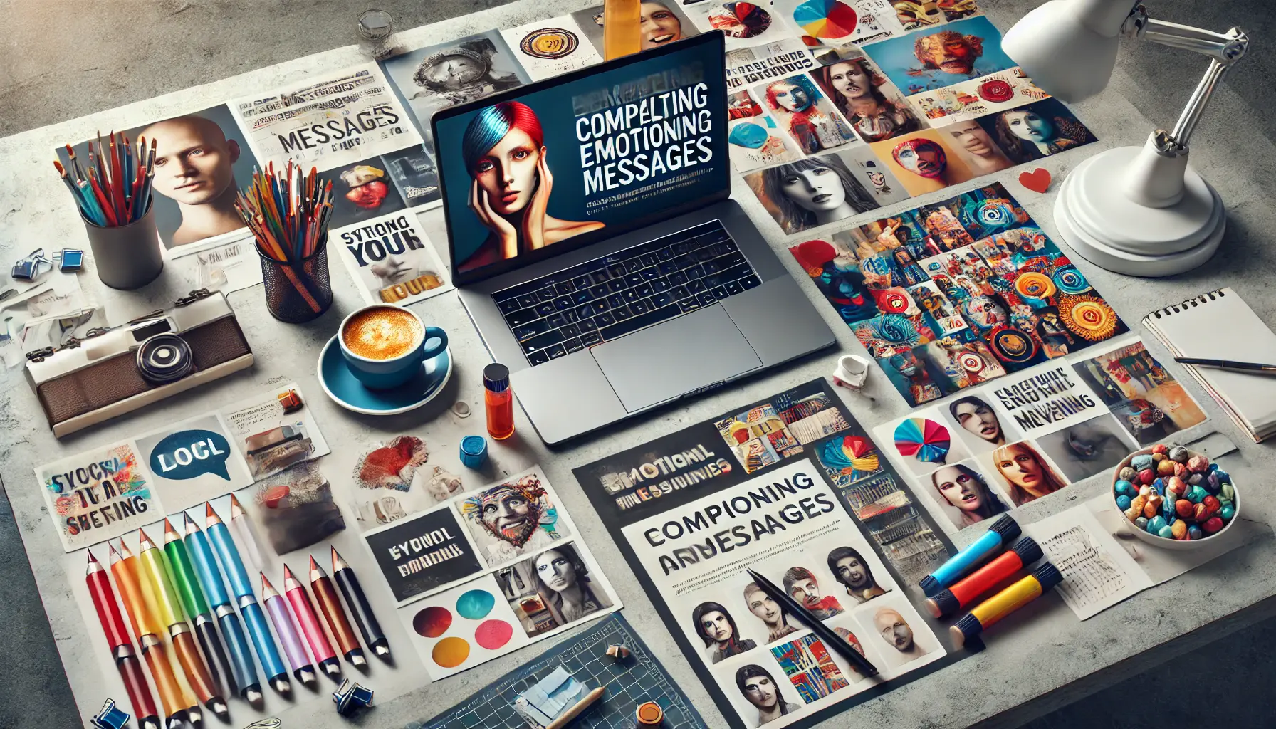 A creative workspace with a laptop displaying an impactful ad campaign, mood boards with emotional elements, and notes, symbolizing the power of compelling messages in advertising.