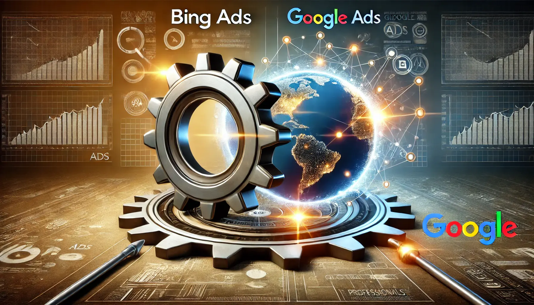 Illustration showing the strengths of Bing Ads and Google Ads, symbolized by a sturdy gear for Bing and a glowing network for Google.