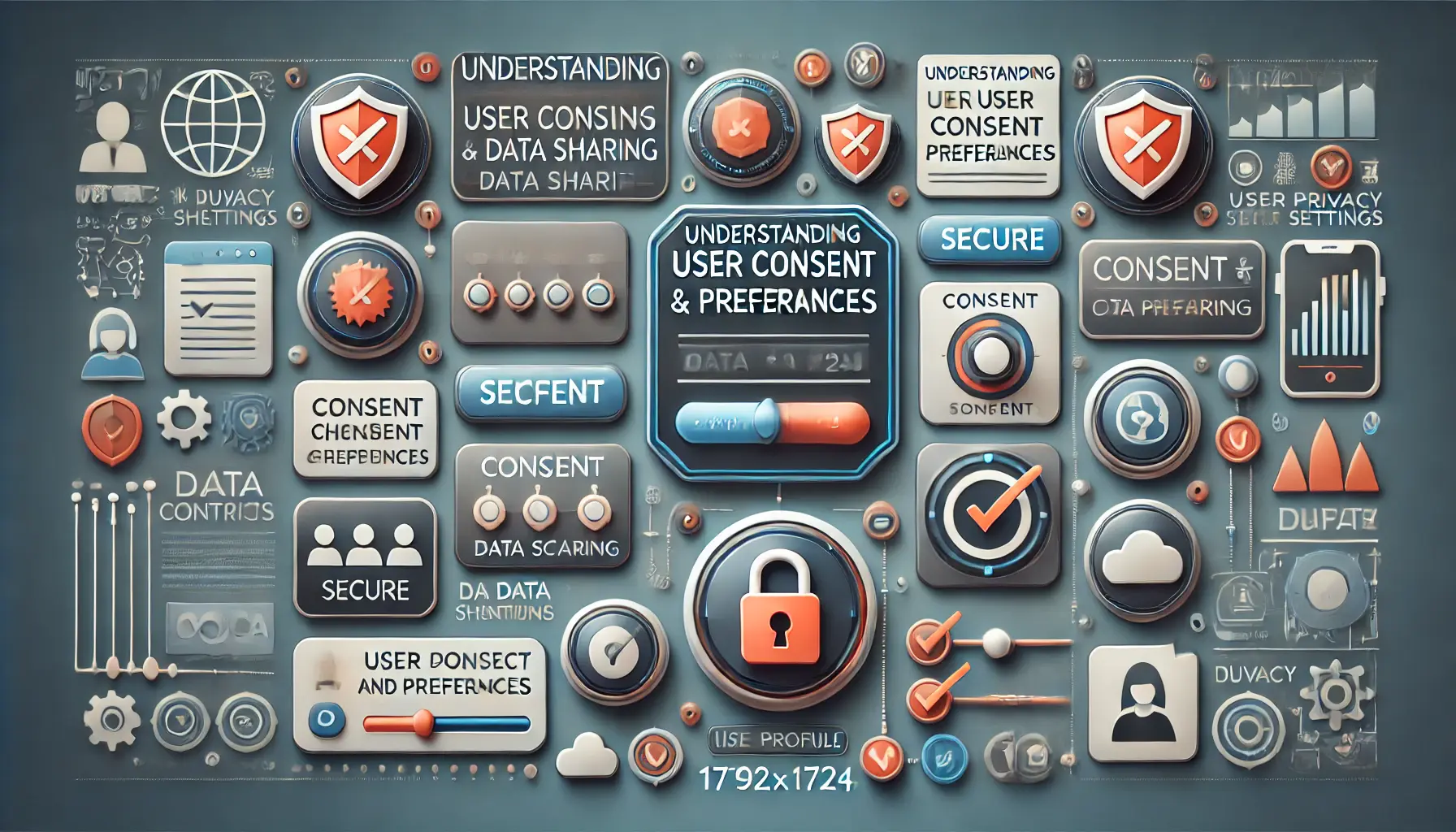 Illustration of user consent and preferences with a dashboard showing data-sharing options, secure icons, and toggle switches.