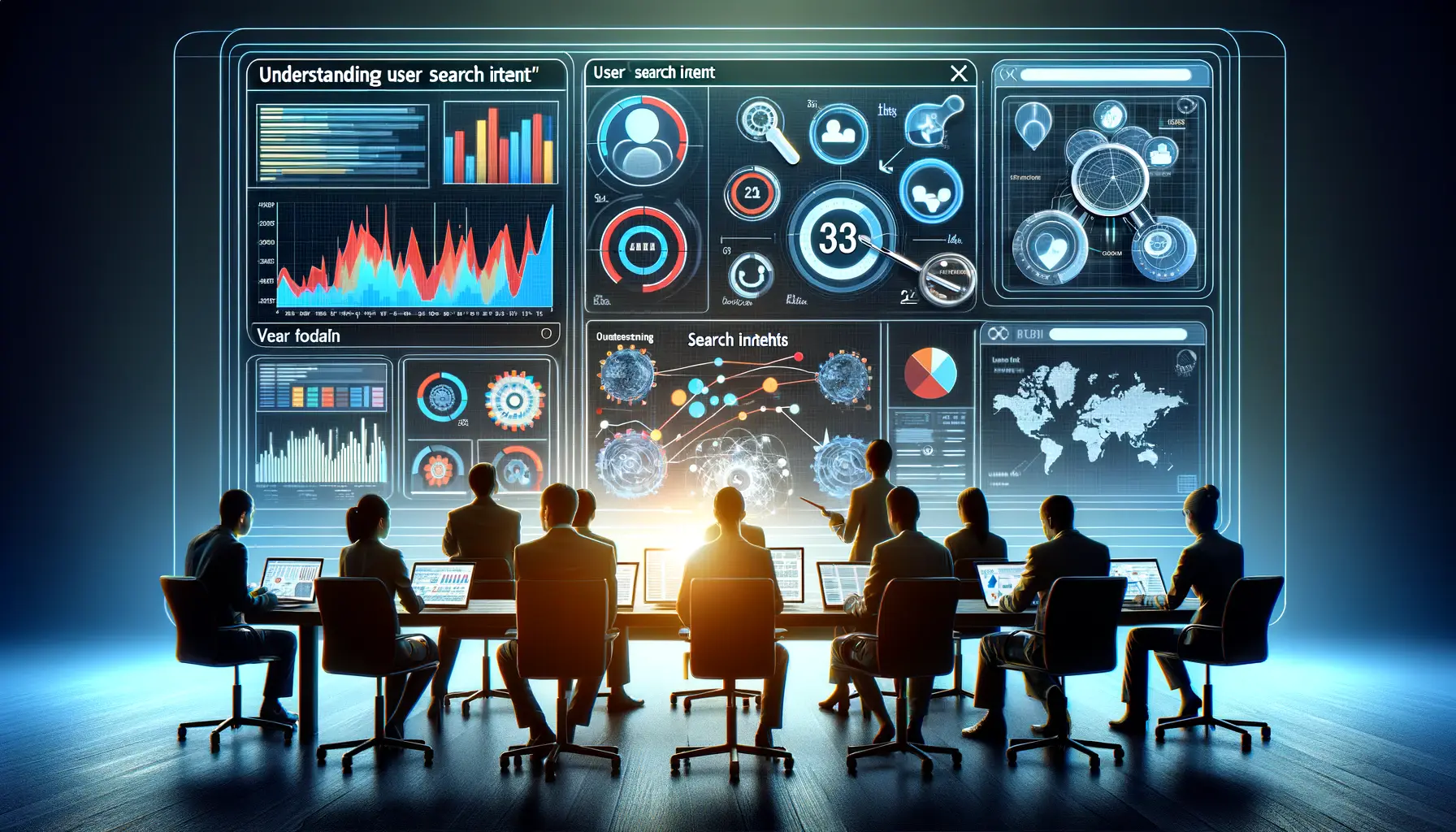 Digital marketing team analyzing user behavior with graphs and heat maps depicting search patterns and interactions.