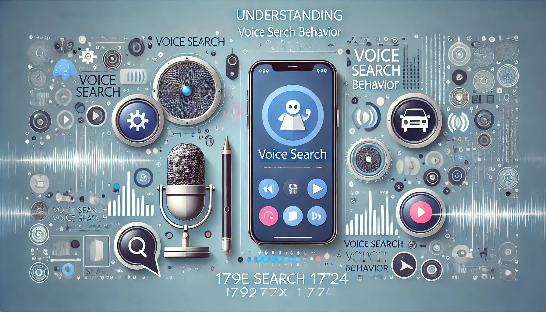 Illustration of voice search behavior with a smartphone displaying a voice search interface and audio waveforms.