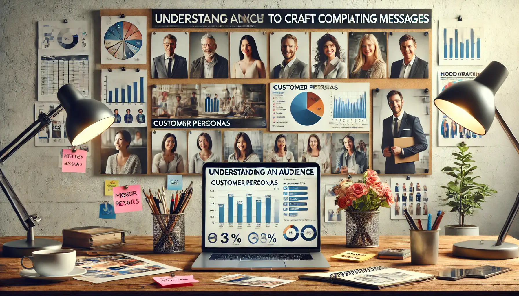 A creative workspace featuring a laptop with demographic data, customer personas pinned to a mood board, and sticky notes with insights, emphasizing audience research.