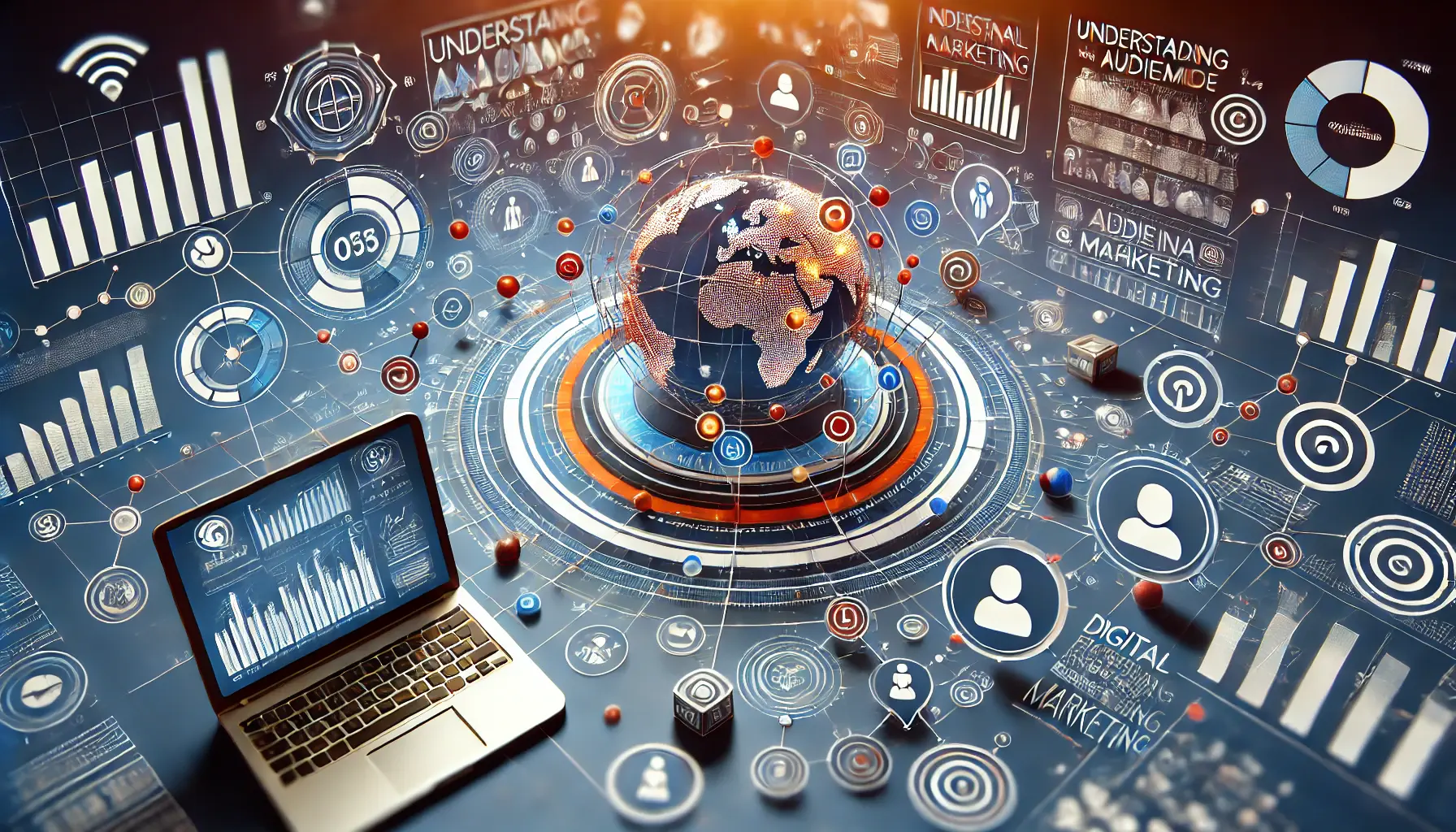 An image showcasing data visualizations, a heatmap over a globe, and interconnected nodes representing online audience behavior analysis.