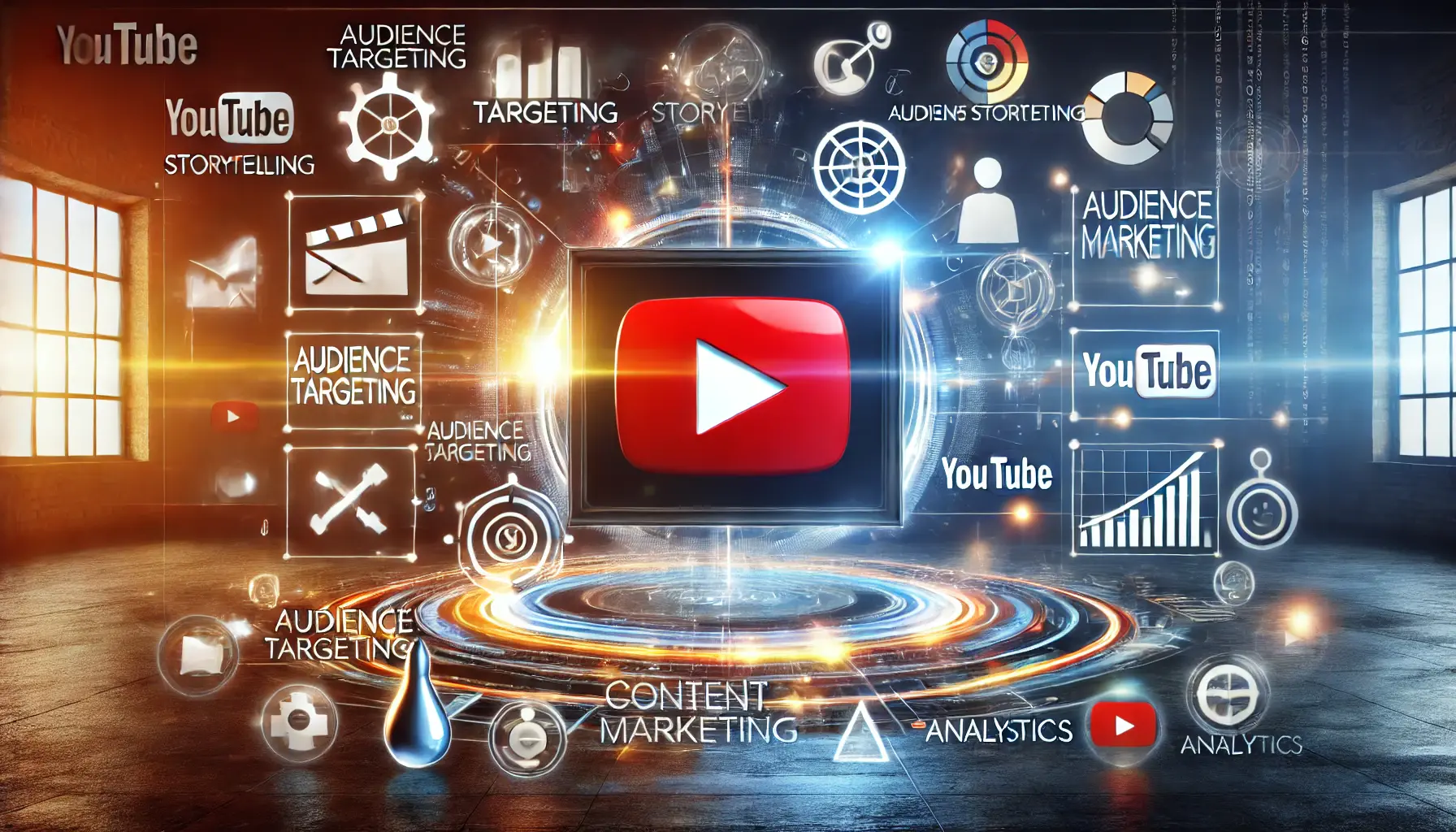 A YouTube play button on a digital screen surrounded by marketing icons and analytics symbols.