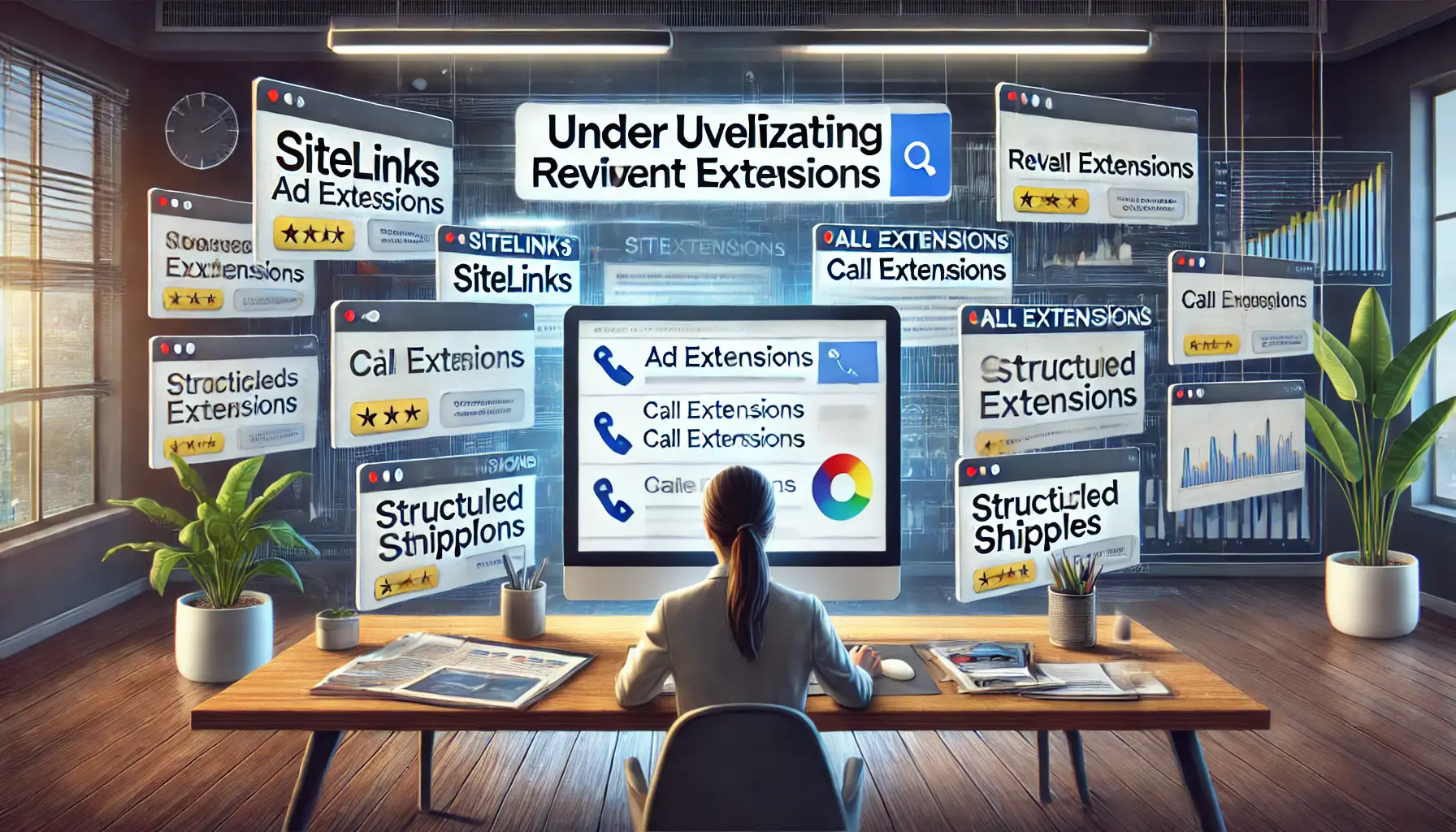 A digital marketing professional working on a computer screen where relevant ad extensions like sitelinks and call extensions are underutilized or partially implemented.