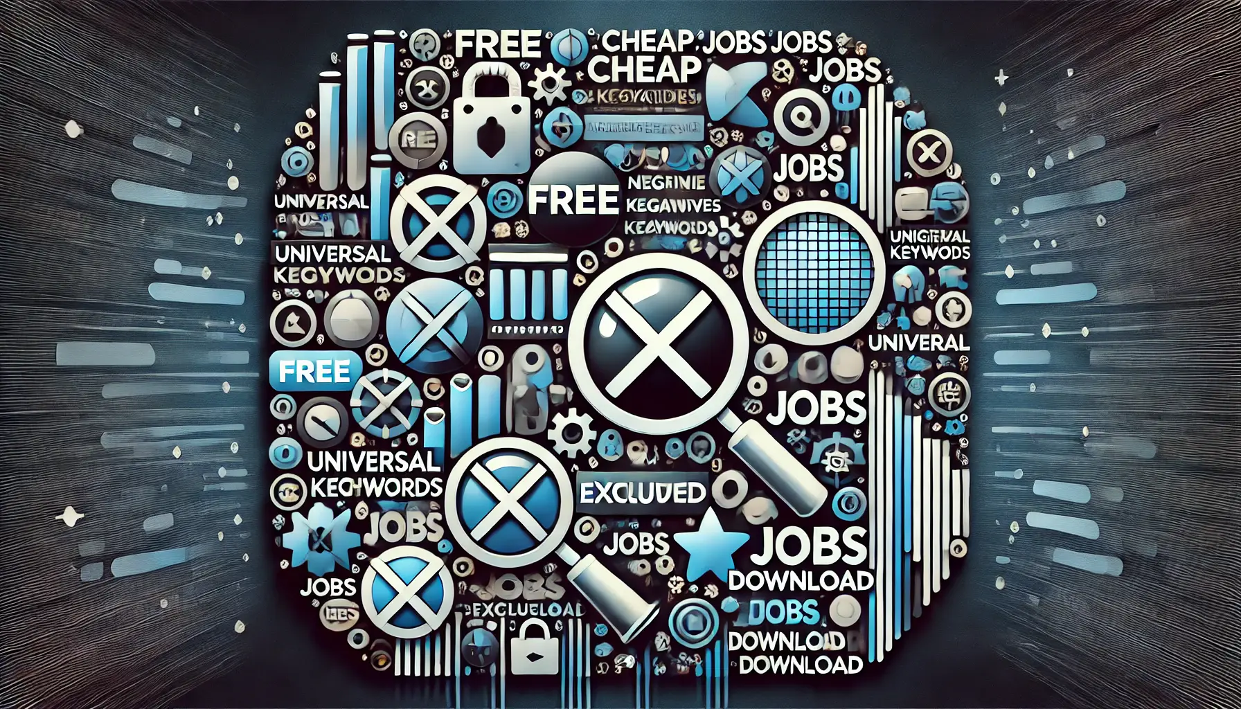 Abstract representation of universal negative keywords, with crossed-out symbols like 'free', 'cheap', 'jobs', and 'download'.