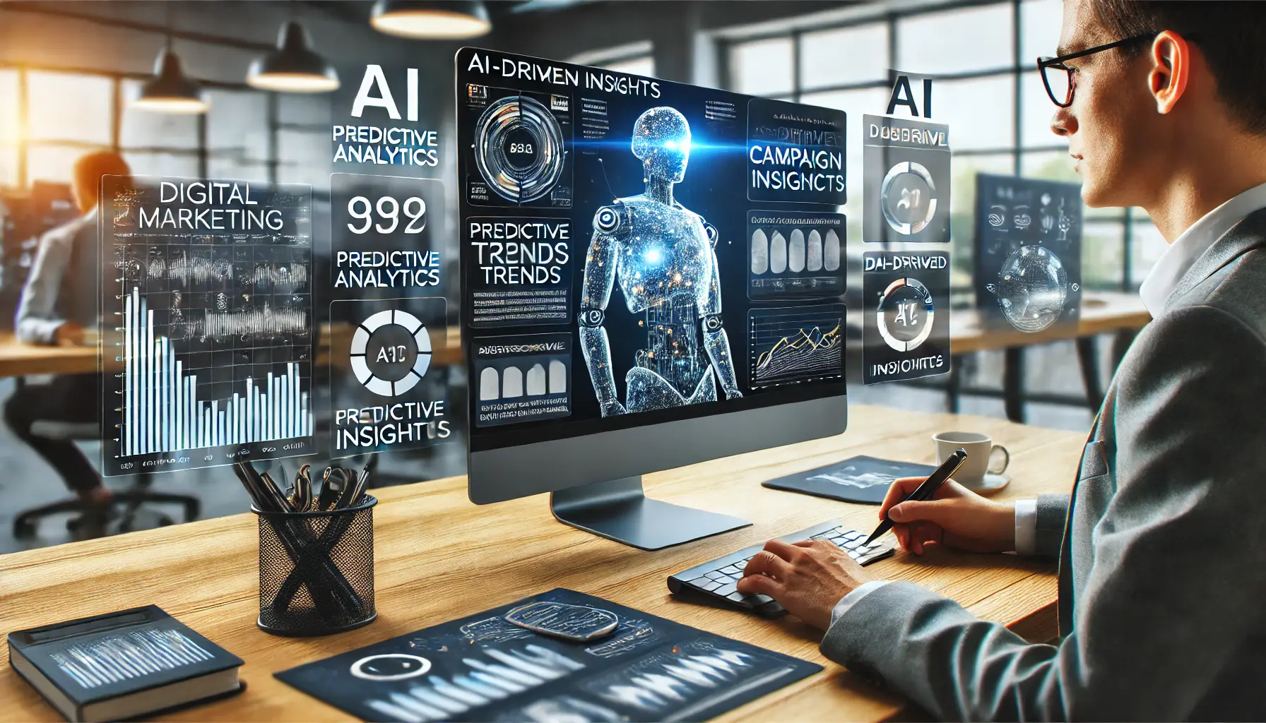 A digital marketing workspace showing AI-driven analytics and predictive trends to inform campaign decisions.