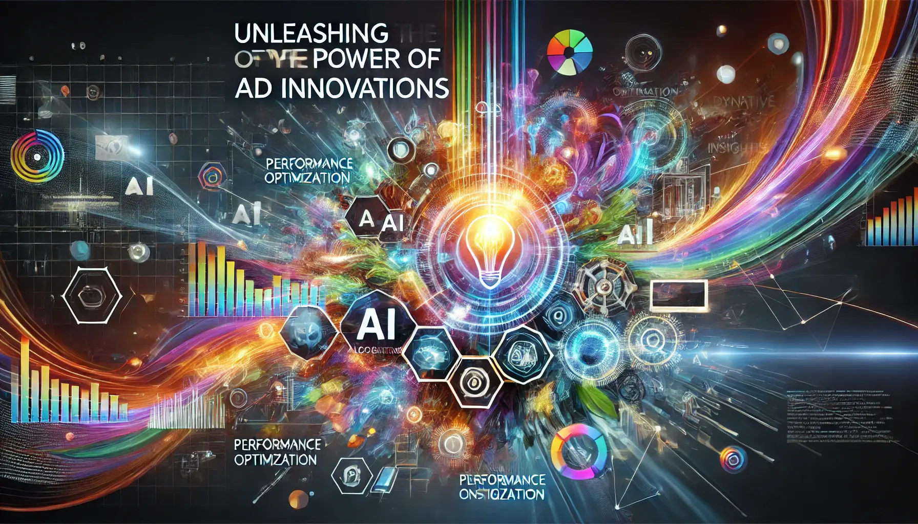 Abstract representation of the power of ad innovations, featuring AI algorithms, data-driven insights, and dynamic ad creatives.