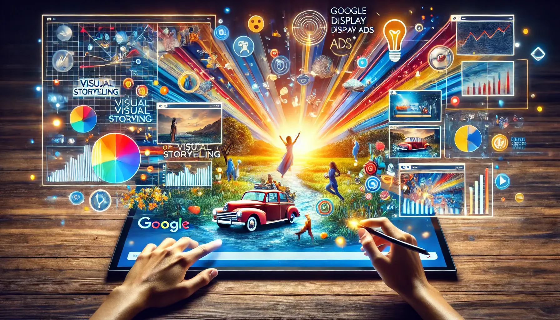 A vibrant display ad depicting a visual storytelling journey, with engaging images and emotional expressions to represent the power of storytelling in advertising.