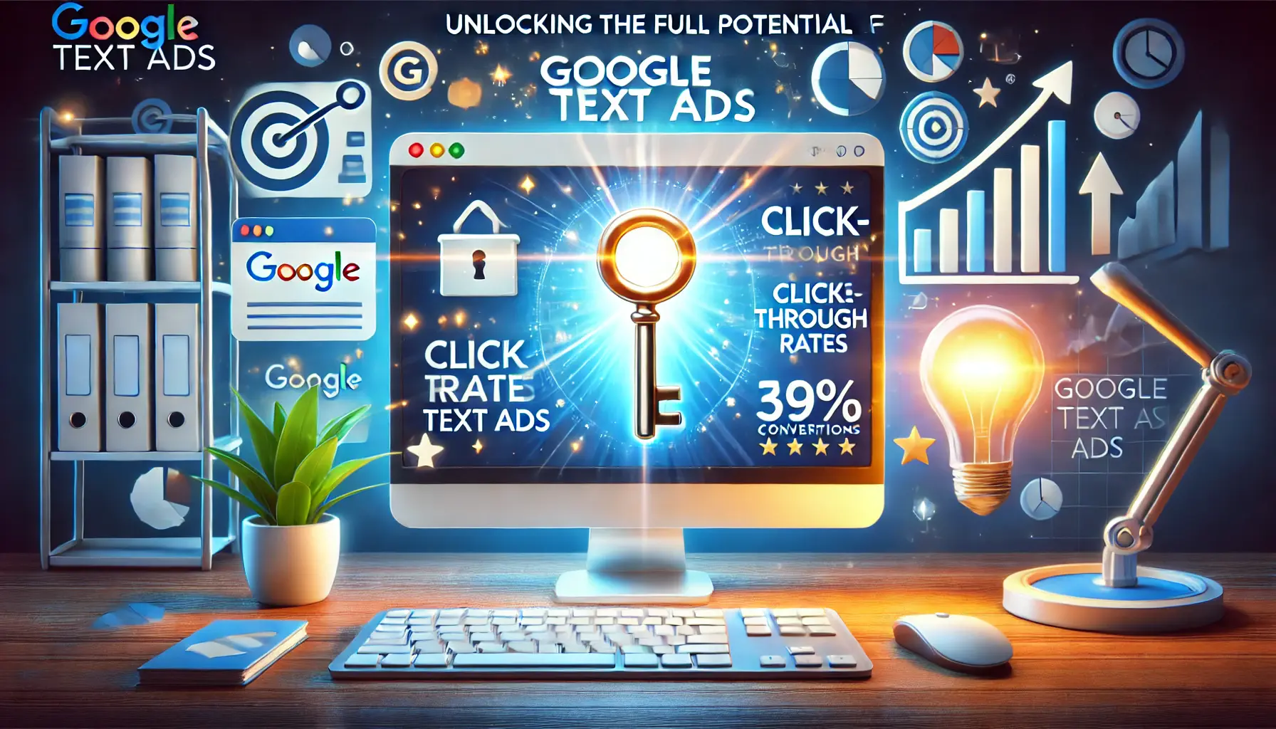 A computer screen displaying a highly optimized Google Ads campaign with performance metrics, surrounded by symbols of success like a key unlocking a target and glowing light bulbs.