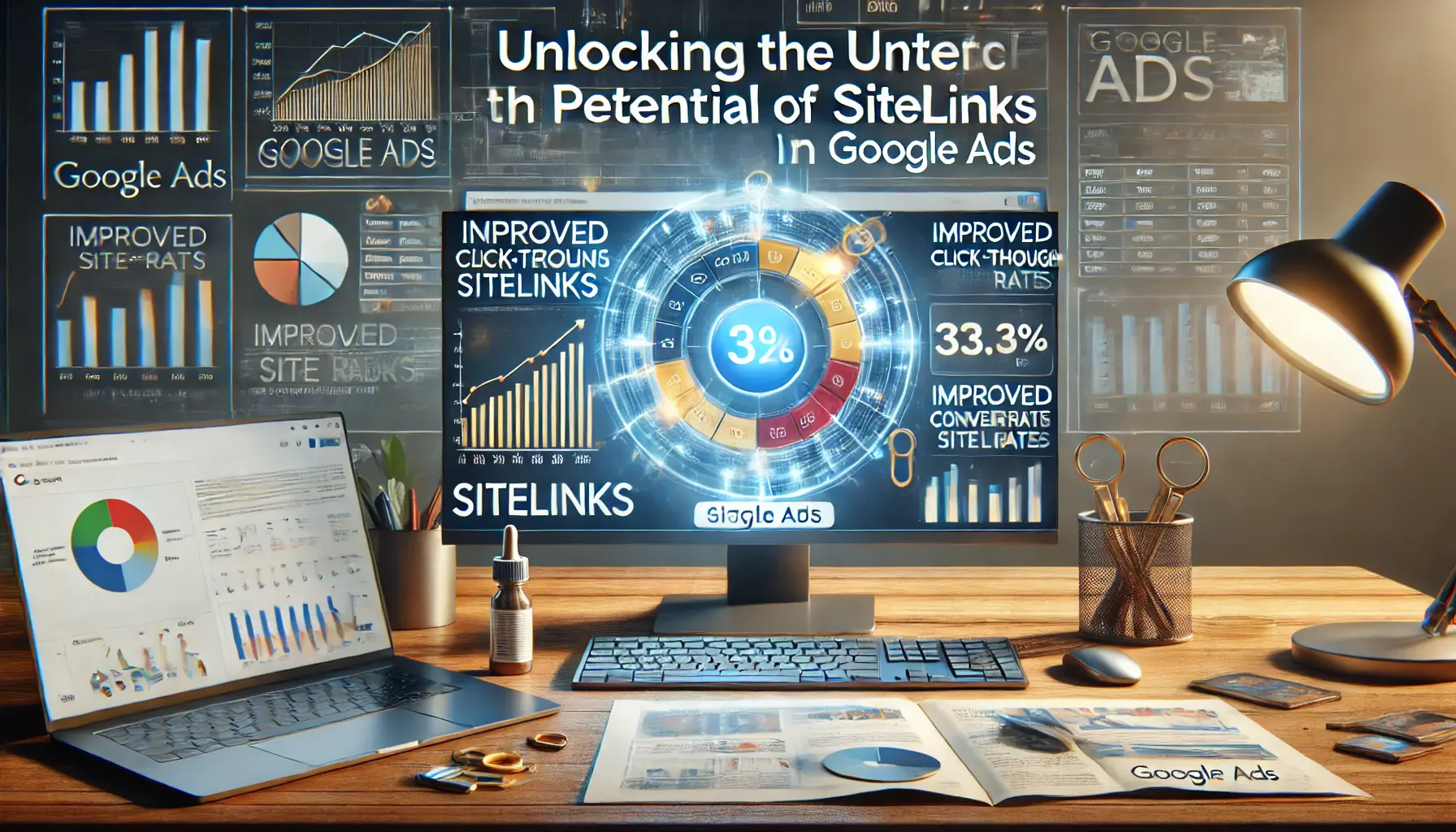 A Google Ads dashboard displaying optimized sitelinks with performance metrics like click-through rates and conversion rates.