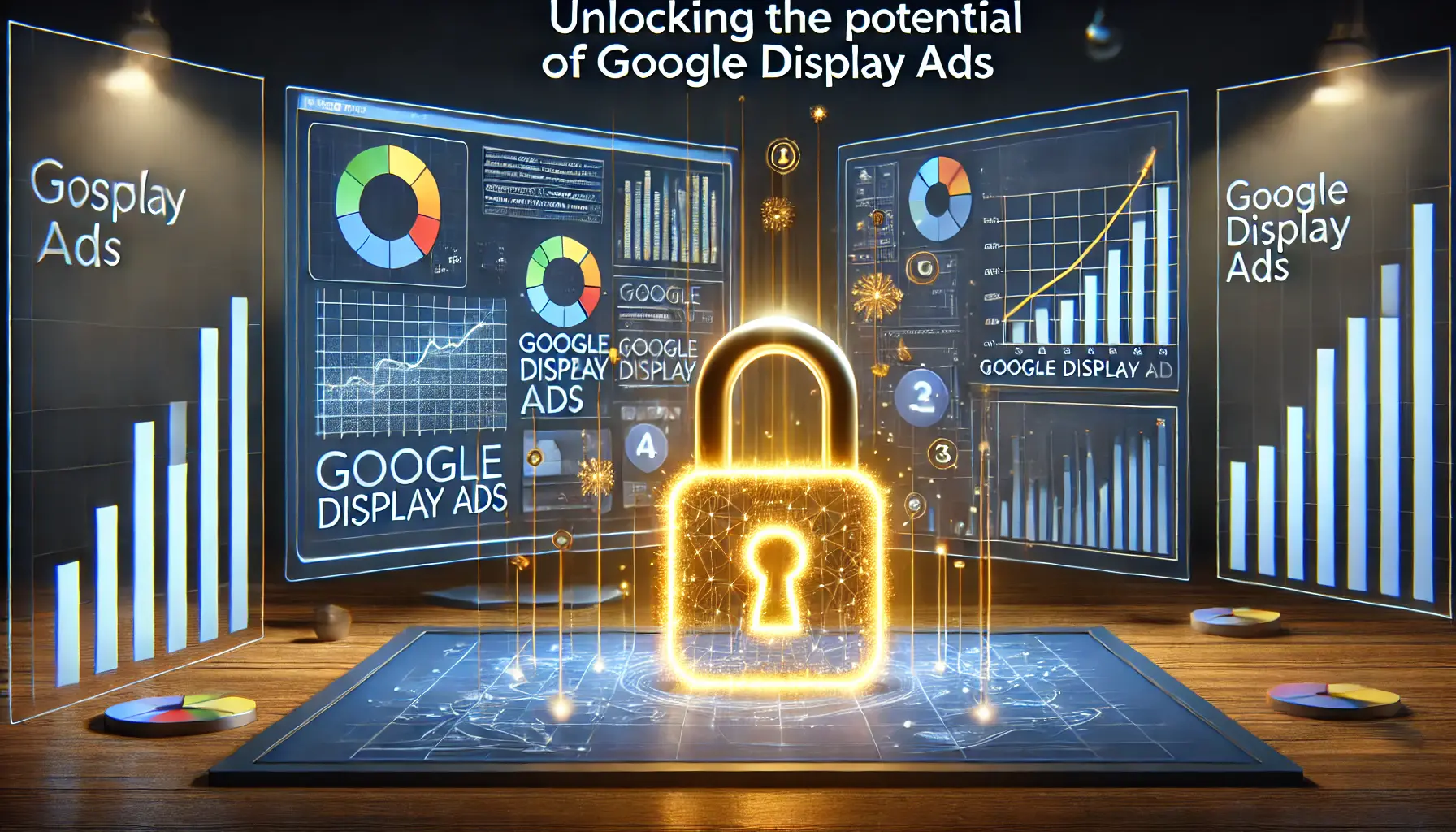 An image featuring a digital ad dashboard with graphs, charts, and a glowing lock being opened, symbolizing the unlocking of Google Display Ads' full potential.