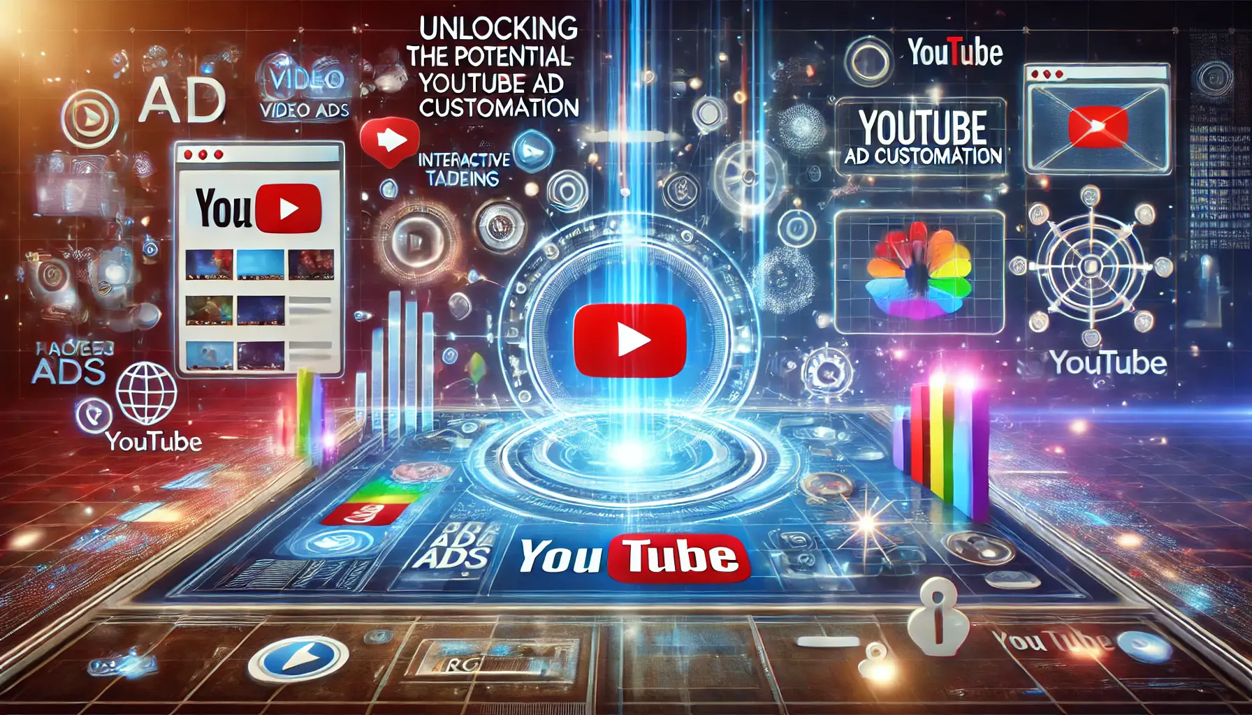 A digital interface showcasing YouTube ad elements like interactive video ads, customized targeting options, and dynamic displays with glowing data streams and vibrant patterns.