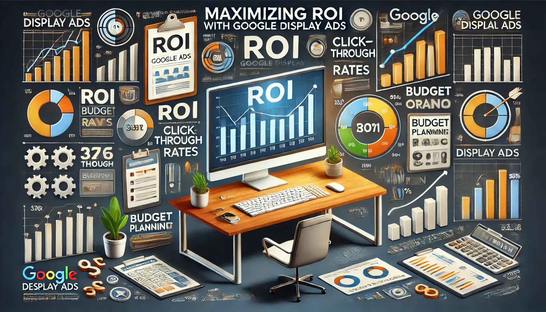 A professional workspace featuring a computer screen with performance dashboards showing ROI, click-through rates, and growth charts, surrounded by optimization tools.