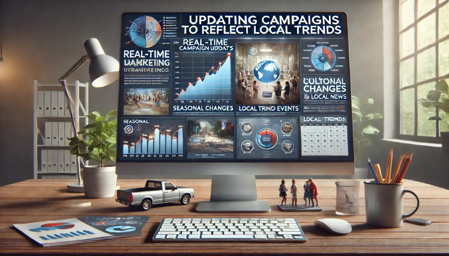 A computer screen displaying a digital marketing dashboard with local trend data and real-time campaign updates, surrounded by tools like a calendar and trend analysis graphs.