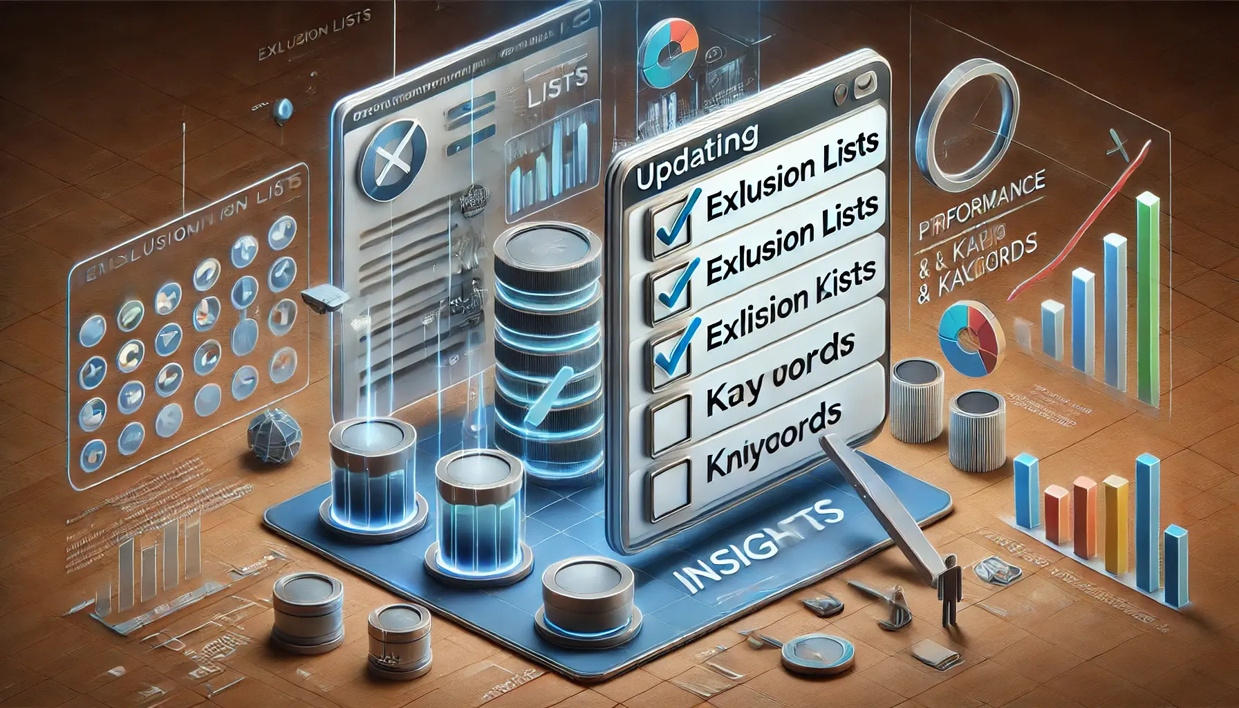 An image illustrating the process of updating exclusion lists and keywords in digital advertising, featuring an interface with filters and performance metrics.