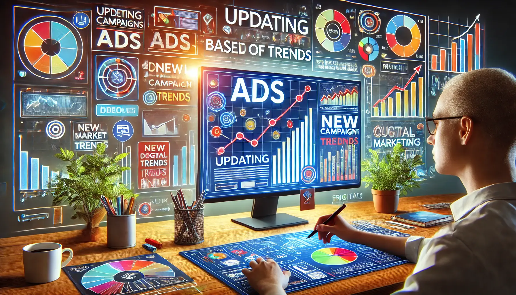 A digital workspace with a computer screen displaying an updated ad campaign reflecting current trends, with trend lines and graphs in the background.