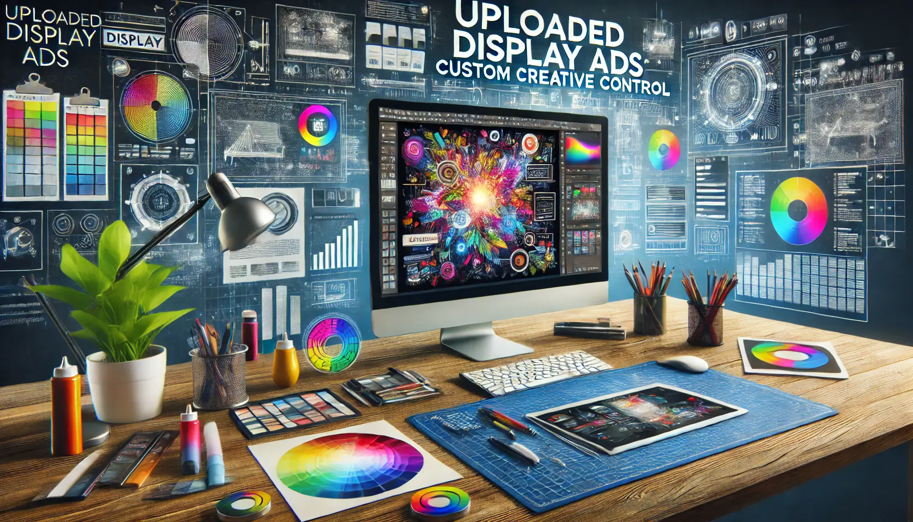 A designer's workspace illustrating the creation of custom display ads with advanced tools and creative elements.