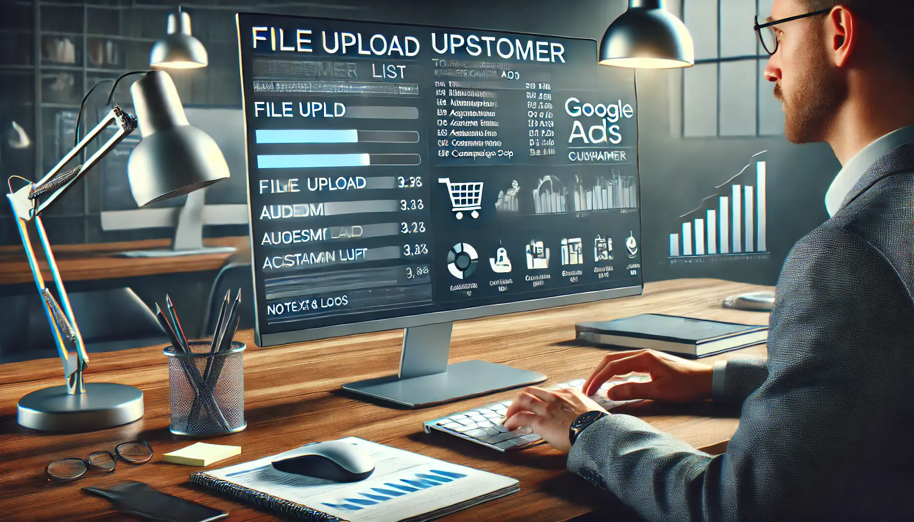 A digital marketer uploading customer data to Google Ads on a large monitor in a professional workspace, showing a progress bar and file upload interface.