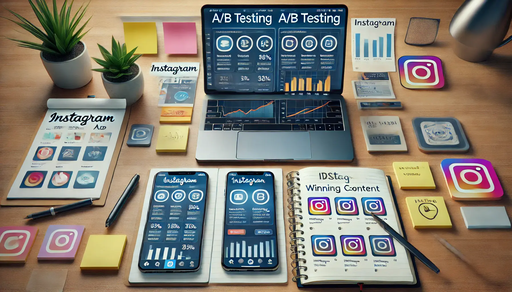 Two smartphones displaying different Instagram ad designs side by side with a laptop showing analytics comparison charts, surrounded by sticky notes and a notebook.