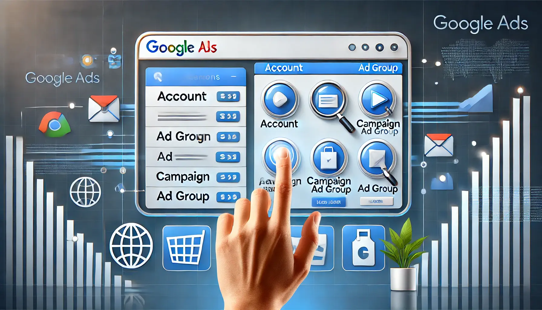 An image representing the correct application of Google Ads extensions at account, campaign, and ad group levels, with visual differentiation between each level.