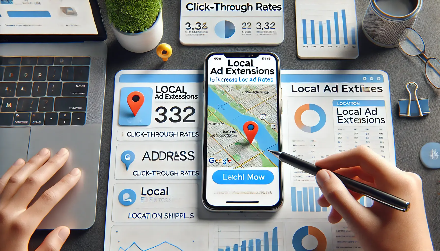 A smartphone showing search results with local ad extensions, including address, call buttons, and a map snippet, alongside a desktop displaying ad campaign analytics.