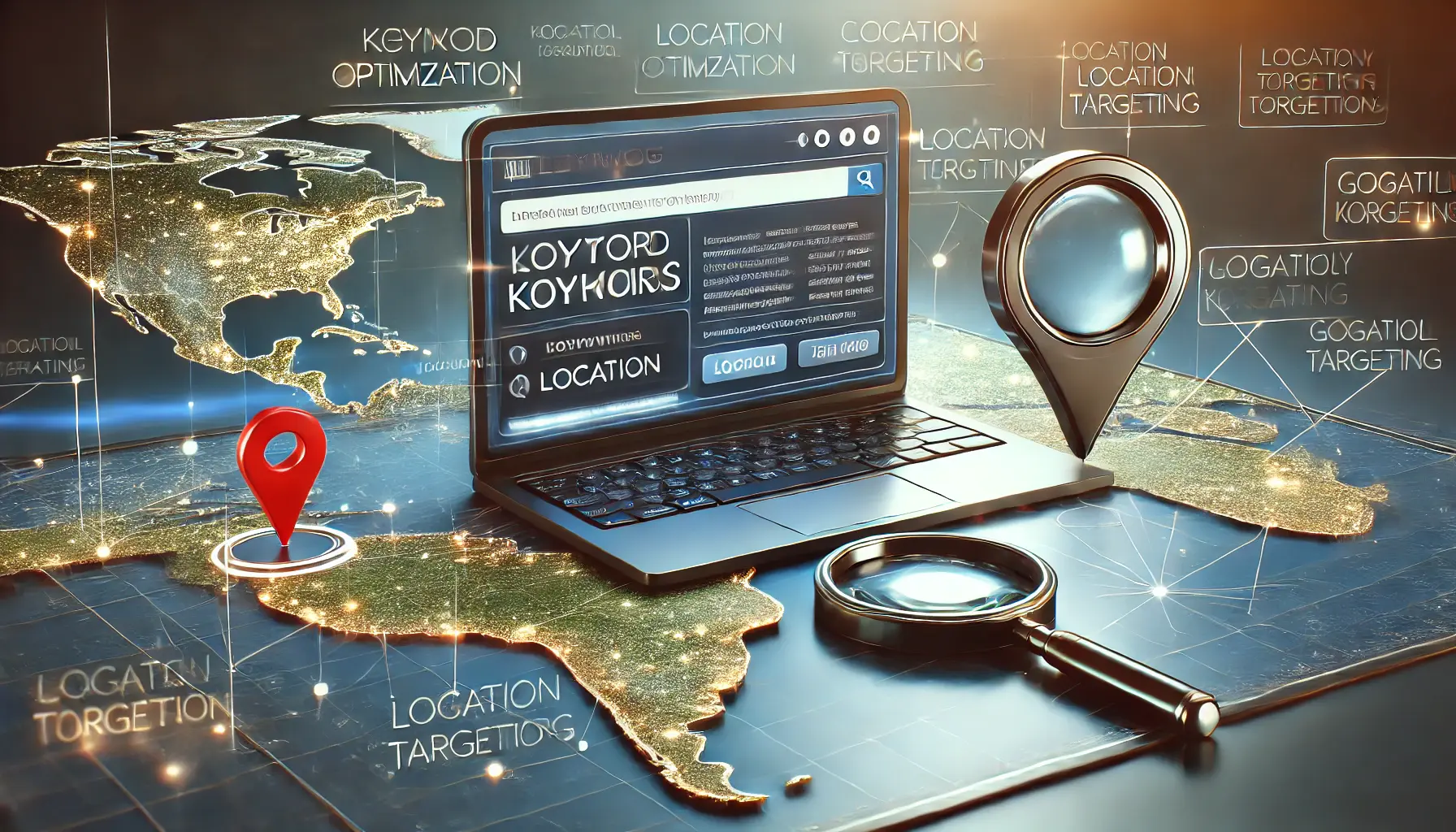 A laptop showing a digital marketing interface with keyword data and location filters, accompanied by a map with highlighted regions and a magnifying glass.