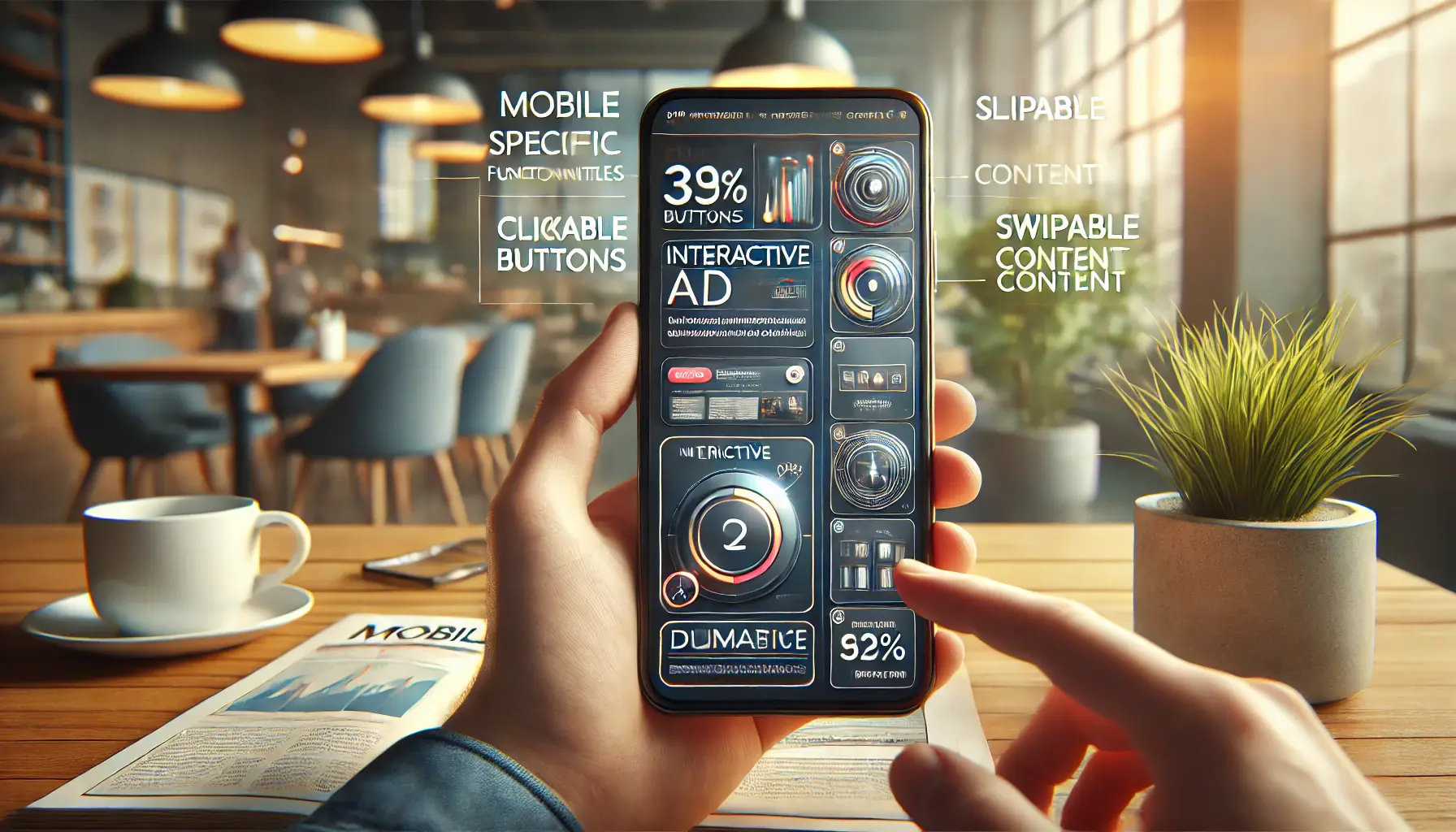 A smartphone displaying an interactive ad with features like clickable buttons, swipeable content, and a dynamic mobile interface.