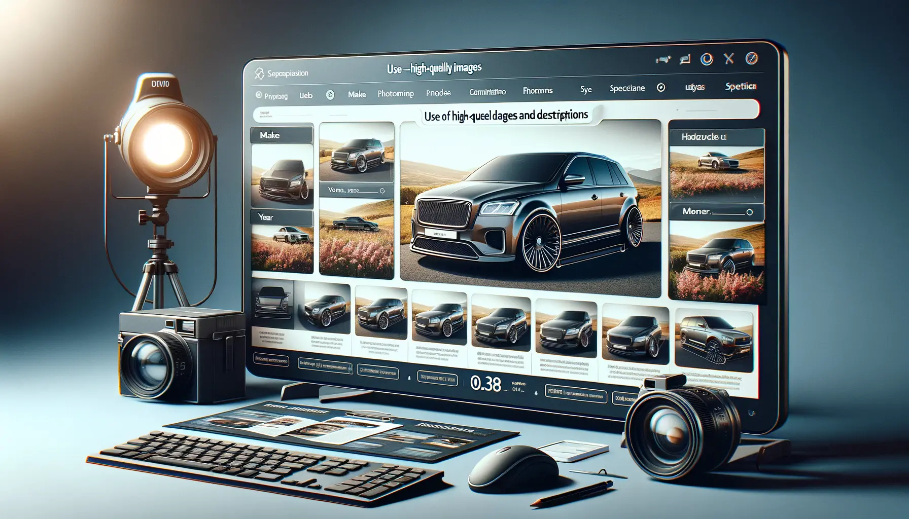 A digital gallery showcasing high-resolution car images with detailed information cards for each vehicle.