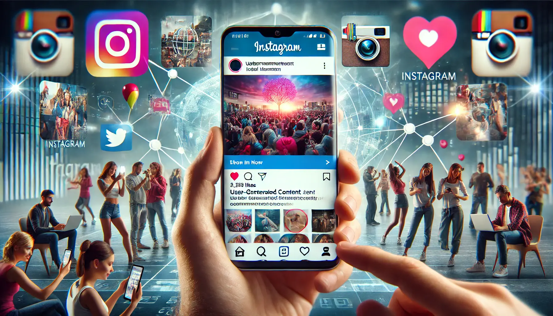 A digital marketing concept showcasing user-generated content on Instagram, where users share their experiences with a brand, fostering community engagement.