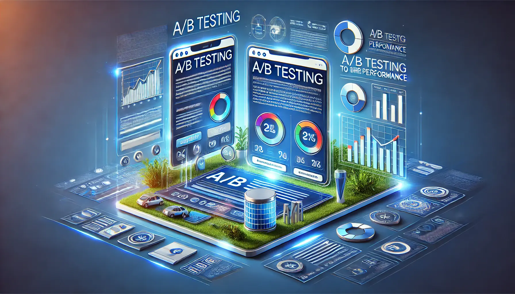 A digital marketing scene showing two variations of a webpage or ad side by side, with visual elements like sliders, charts, and comparison symbols.