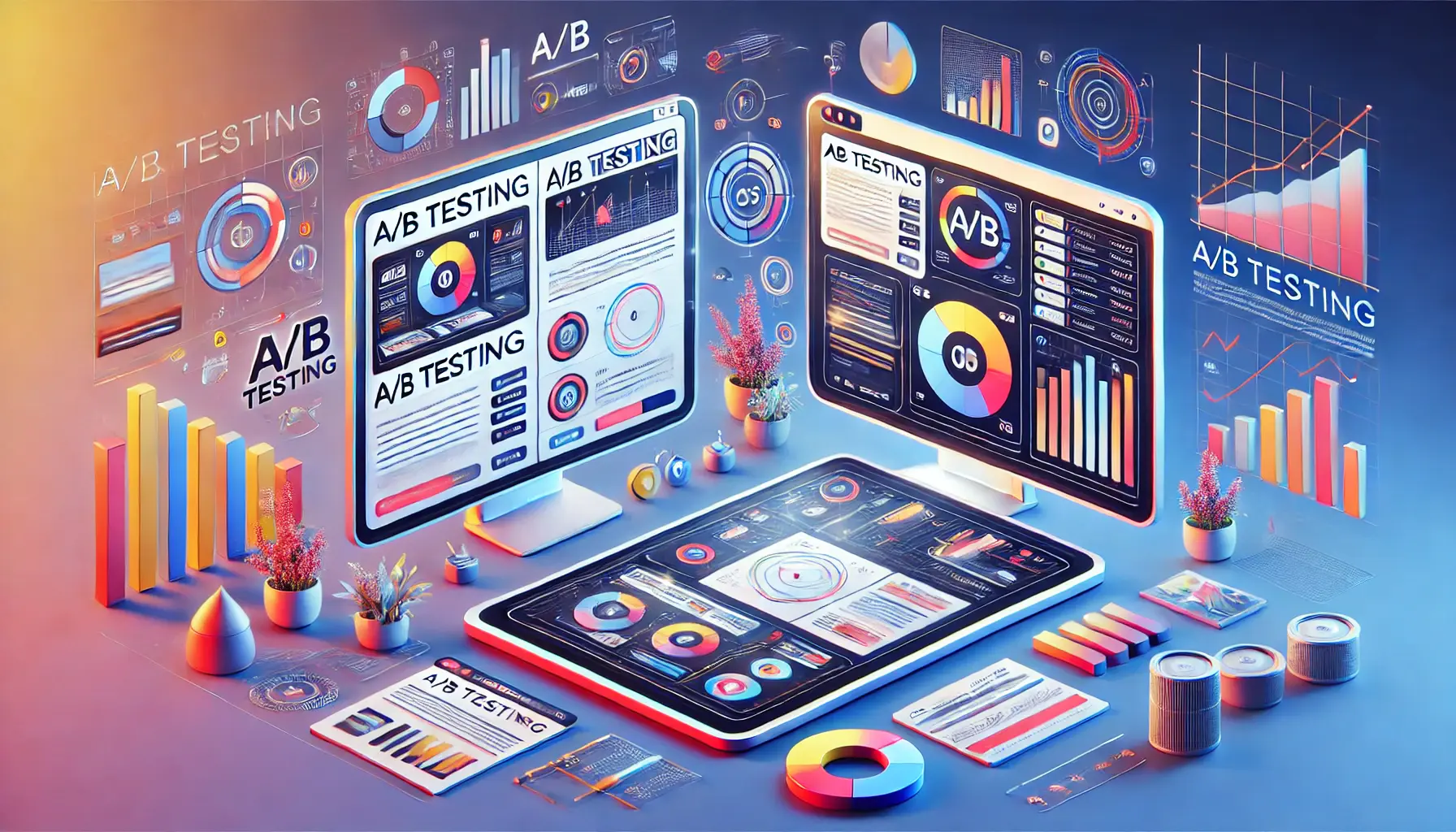 Two digital screens side by side displaying different versions of an advertisement, with digital elements like graphs and metrics in the background.